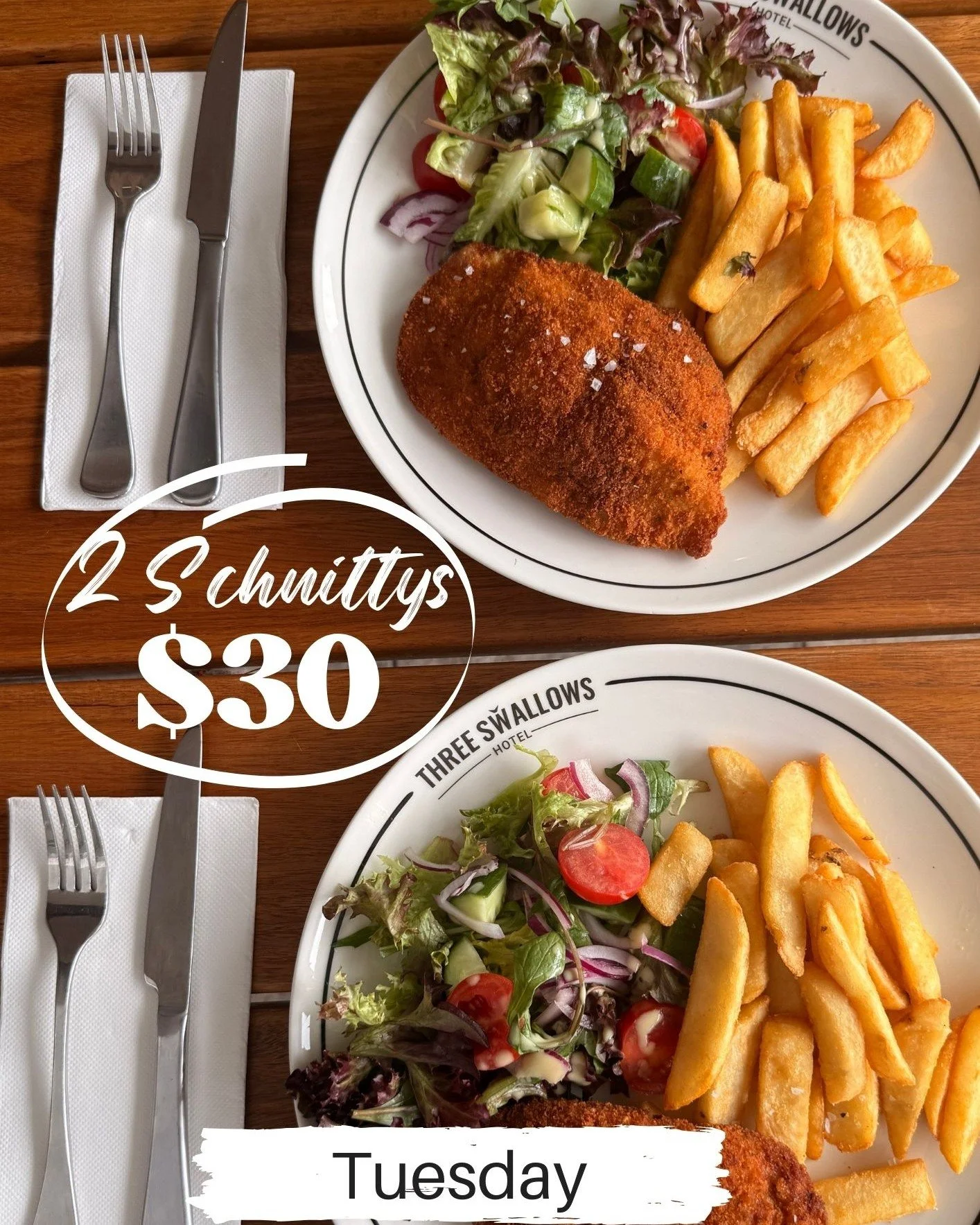 🍗🔥 SCHNITTY TUESDAYS 🔥🍗
Double the schnitty, double the value 😏

🍽️ 2 Schnittys for just $30
Crispy, golden, and served with chips &amp; salad.

Grab a mate and make Tuesday a pub night at Three Swallows Hotel 🍺👊