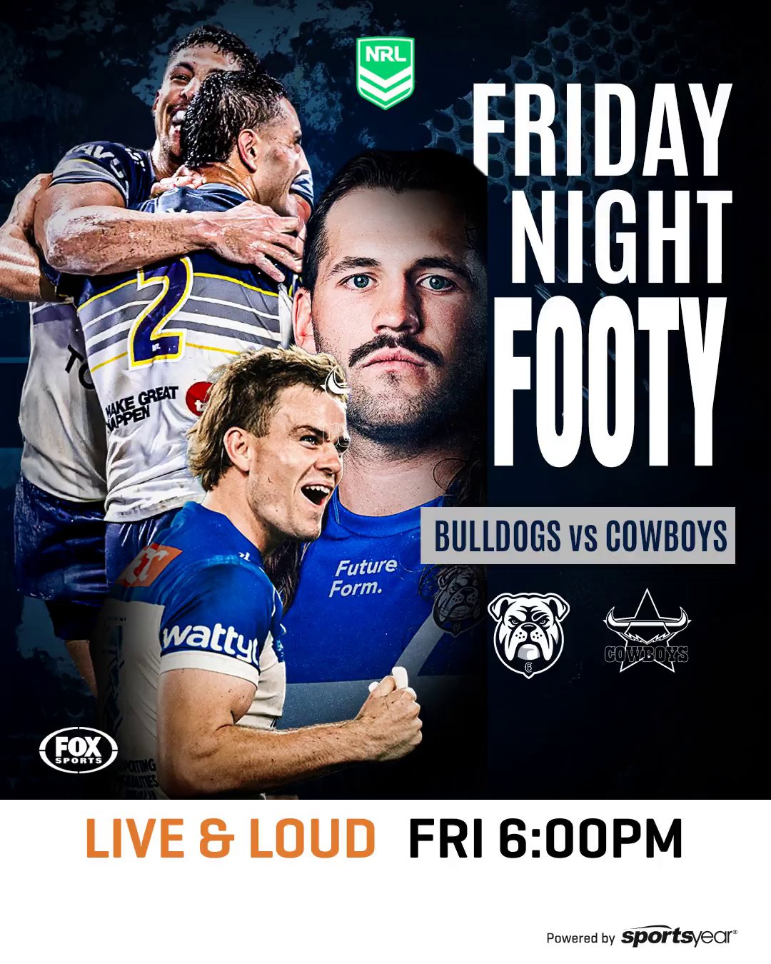 🏉🔥 FRIDAY NIGHT FOOTY IS ON 🔥🏉

Bulldogs 🐶 vs Cowboys ⭐
📅 This Friday
⏰ 6:00PM &ndash; LIVE &amp; LOUD

Grab a cold one 🍻, lock in your crew and catch every hit, try &amp; big moment on the big screens!

Good vibes, great feeds &amp; even bett