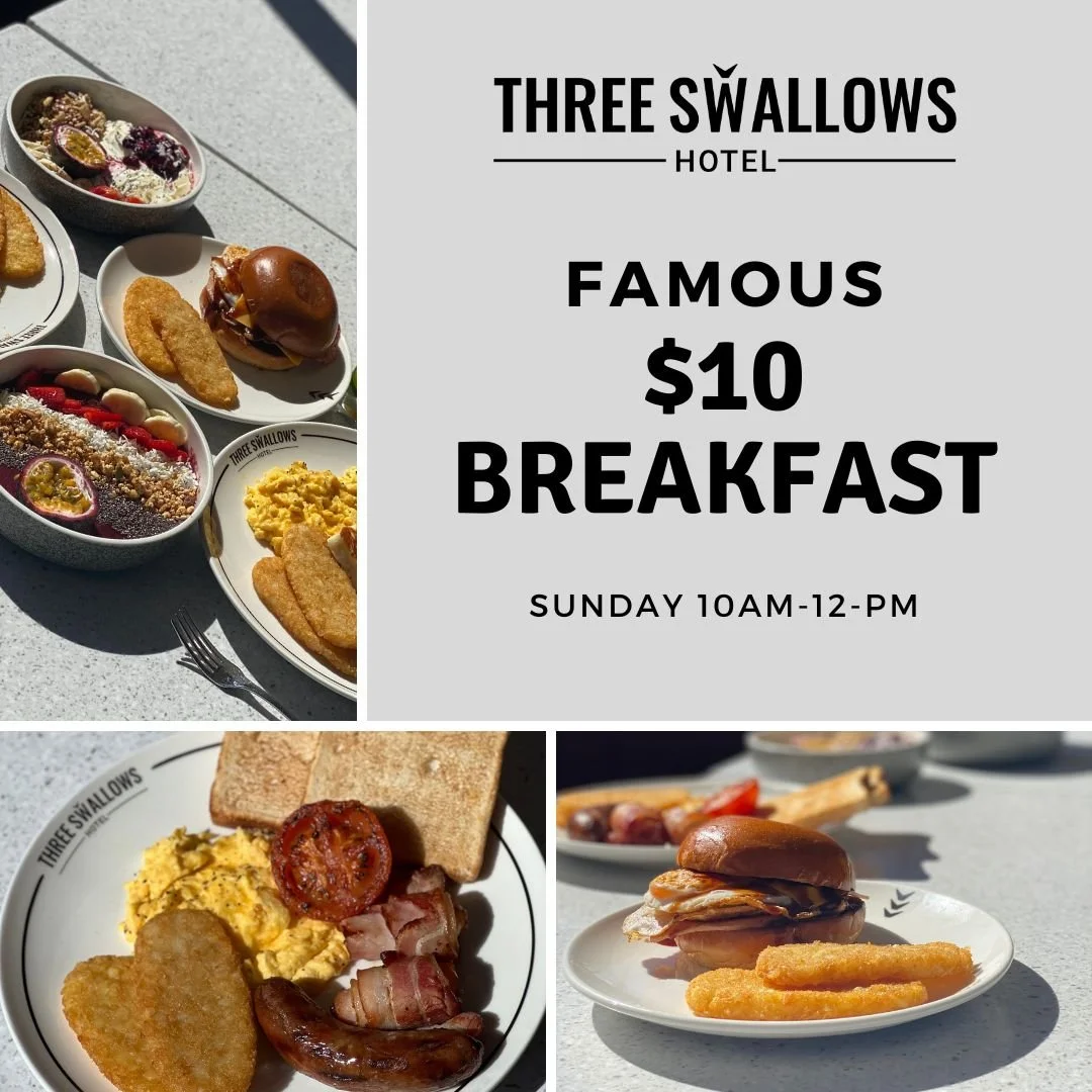 ☀️🍳 Sunday mornings just got a whole lot better at Three Swallows Hotel 🍓🥞

Join us for our $10 Breakfast Specials every Sunday from 10AM&ndash;12PM 😮&zwj;💨🔥

From hearty big breakfasts to fluffy buttermilk pancakes, acai bowls and bacon &amp; 