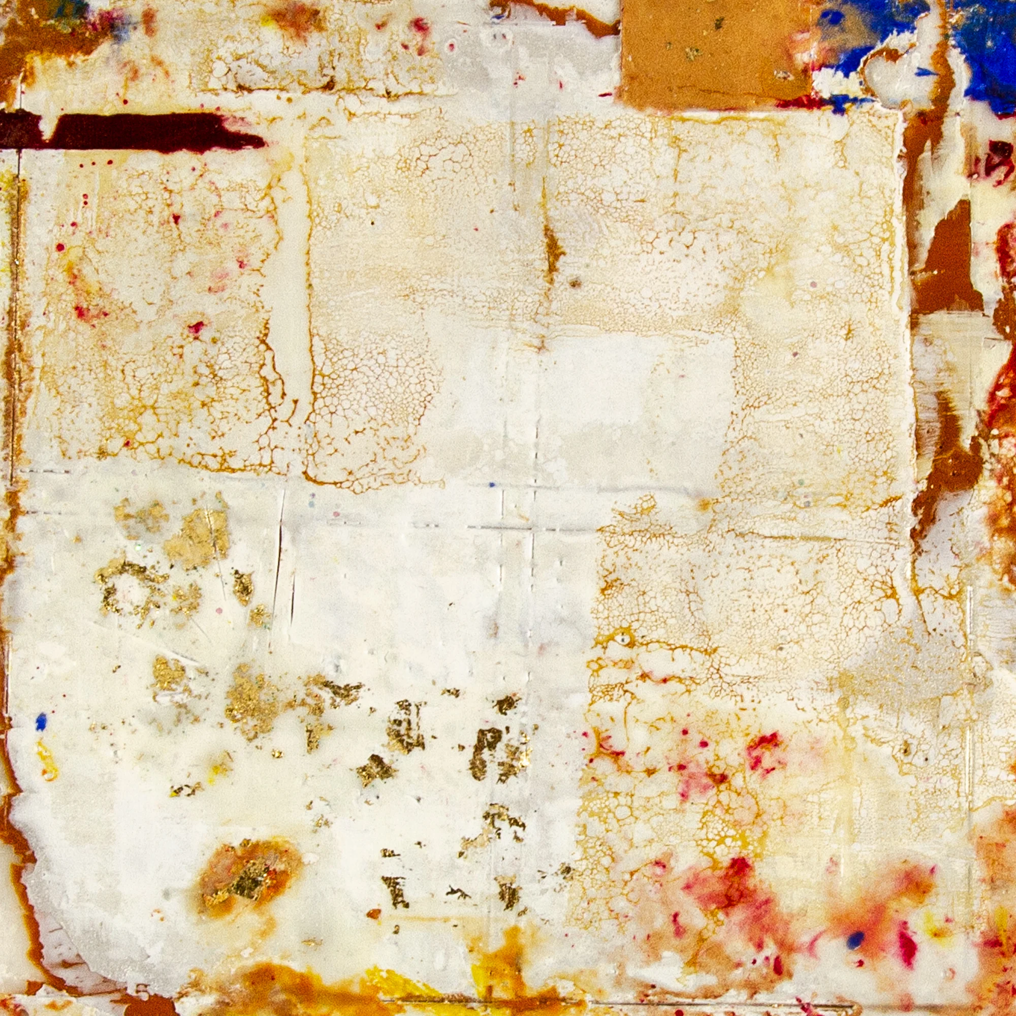 GUSTAV 6” x 6” encaustic, paper collage, gold leaf, shellac burn 2018