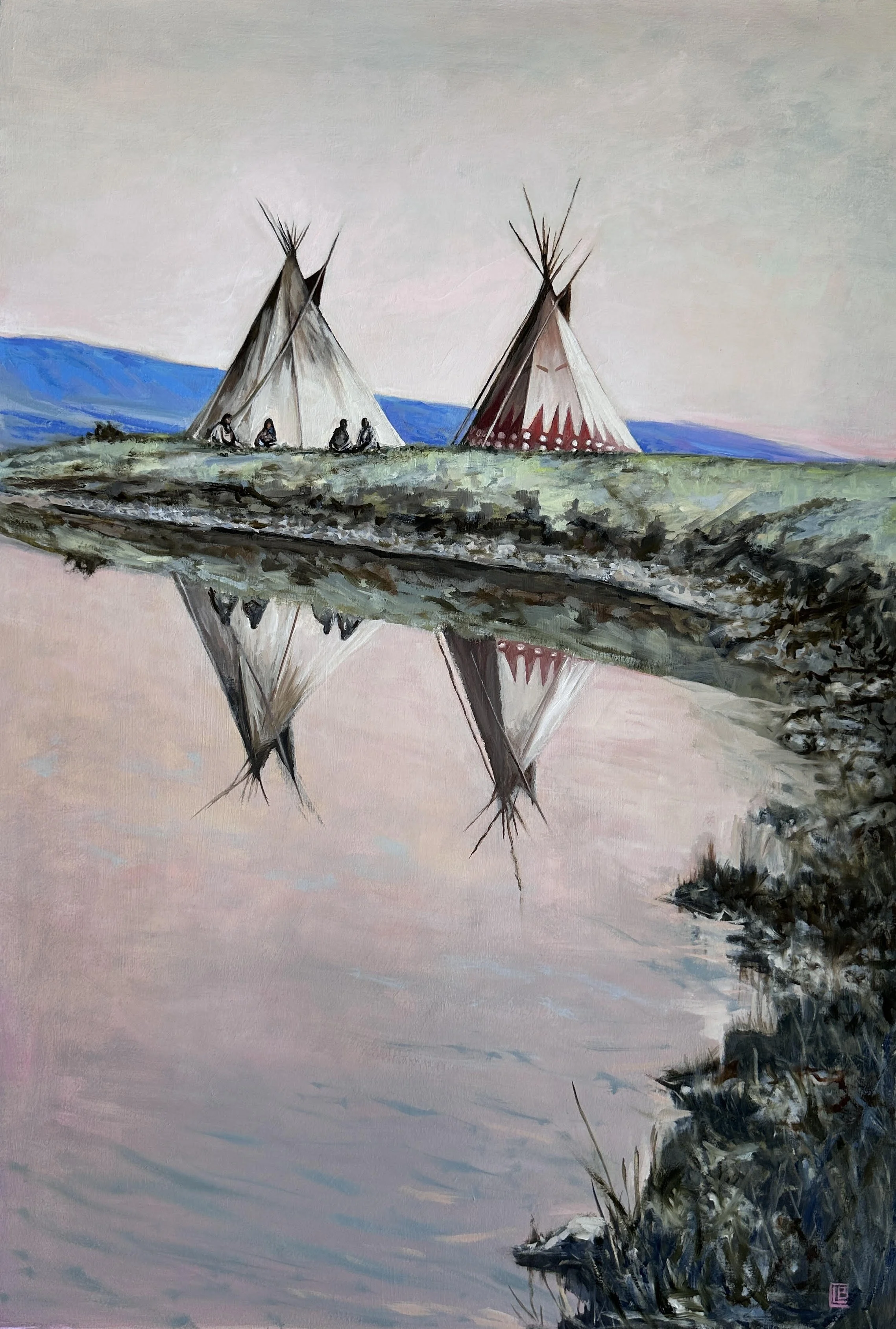 Impressionist oil painting of E.S. Curtis photograph with Native Americans in American landscape