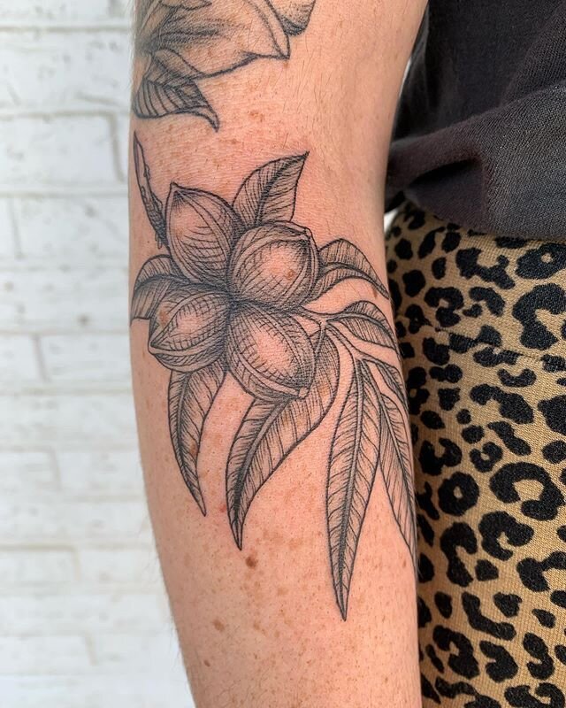| ✖️Tattoo and Repost from @boneandink Jenny Allen ✖️| This beautiful lady, MaryLee, is the sweetest ever! We added a Pecan branch, in honor of her Great Grandmother and their Pecan fights! 🌿 I&rsquo;m always excited to see what we&rsquo;re adding n