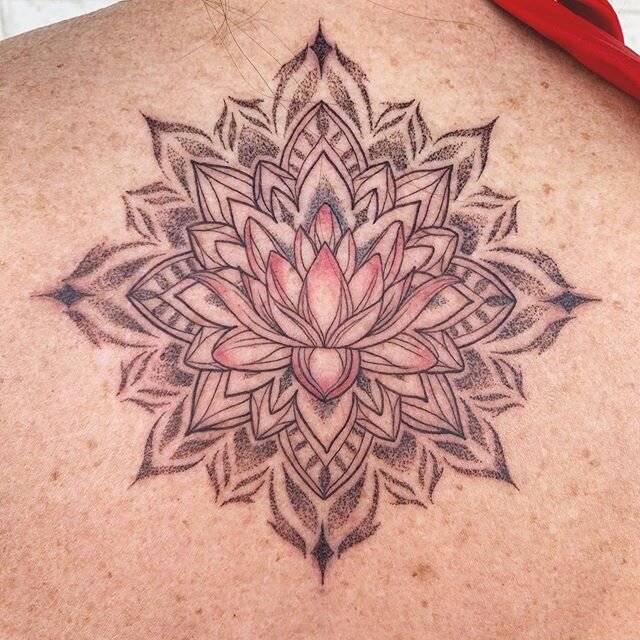 |✖️Repost from Artist Jenny Allen @boneandink ✖️| ✖️Thank you so much Linda for your trust with your first tattoo!! ✨ Fine line and dot work lotus flower mandala. ✨You did amazing and it fits you perfectly!! ✖️ .
.
.

#floraltattoo #femininetattoo #y