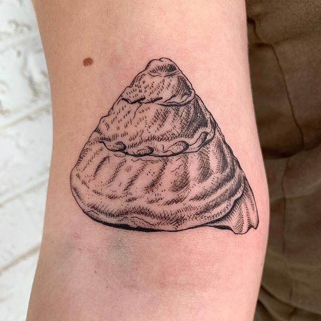 |✖️Repost from Artist Jenny Allen @boneandink ✖️| An etching style spiral turban shell for Alyssa! The tattoo design was based off of a shell from her Grandmother 🖤. Thank you so much for making the trip, it was wonderful finally meeting you!
.
.
.
