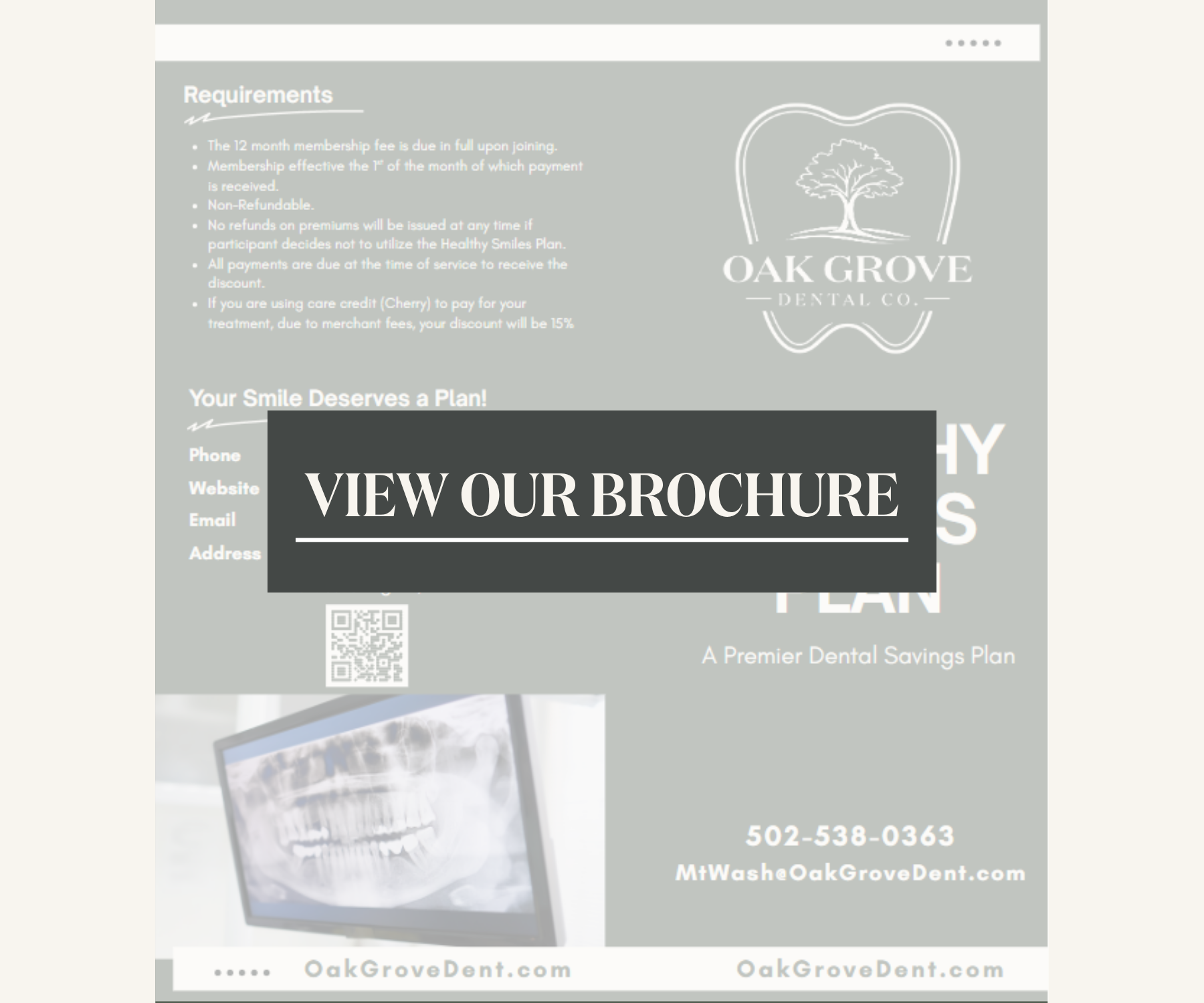 Brochure for Oak Grove Dental Co. promoting a dental savings plan with a call to action to view the brochure. Features a logo with a tree inside a tooth outline, contact information, and QR code.