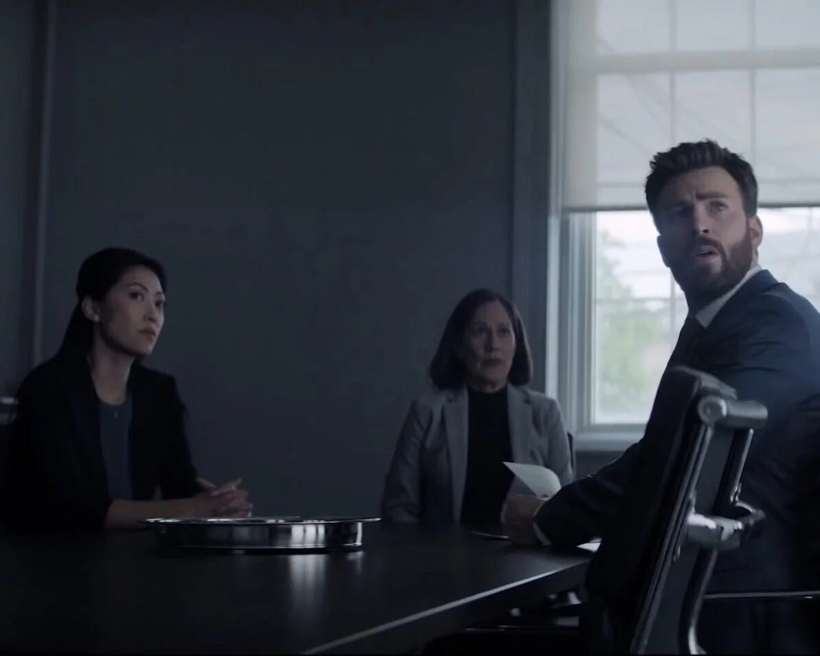 Devon Diep, Sakina Jaffrey and Chris Evans in Defending Jacob