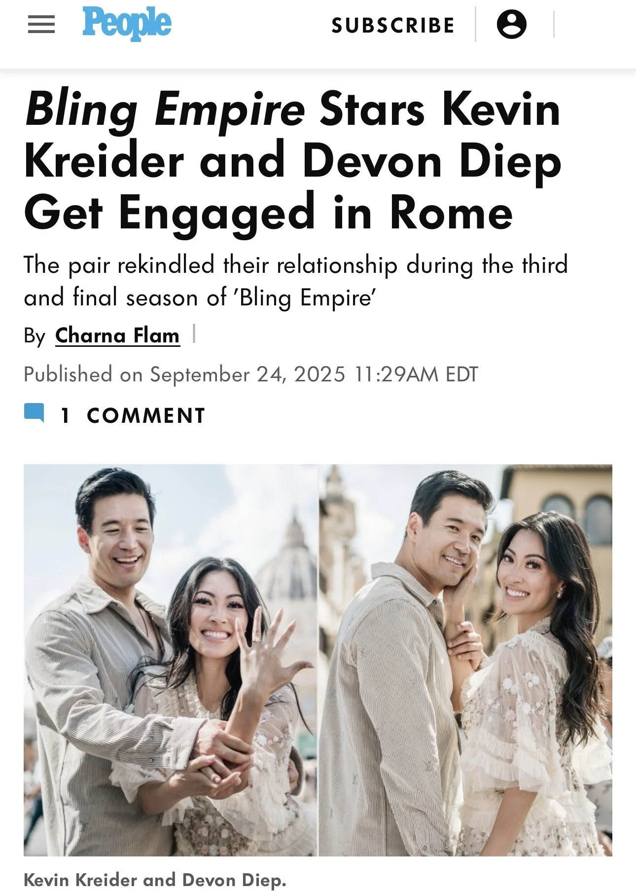 People Magazine - Bling Empire Stars Kevin Kreider and Devon Diep Get Engaged in Rome - The pair rekindled their relationship during the third and final season of 'Bling Empire'