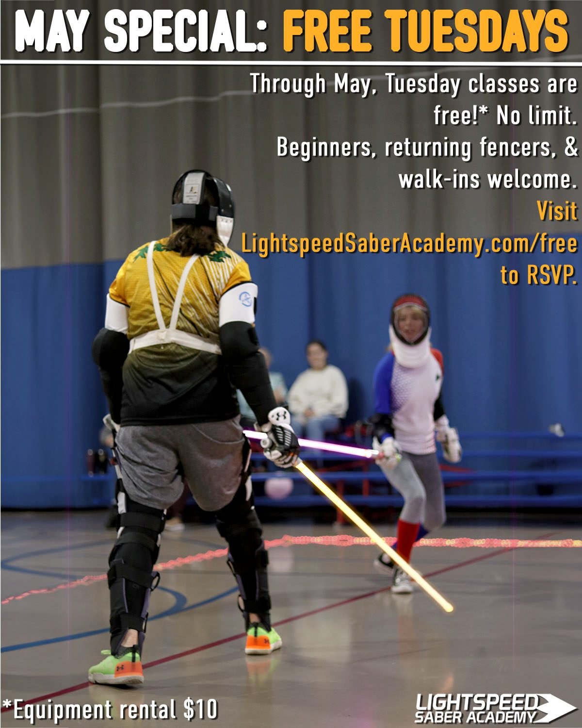 Come try the amazing new sport of Lightspeed Saber fencing! Our latest promotion lets you get in on the action all month long for free, Tuesdays at 7 PM. Get fit, get hit, hit back!

Our classes run for about one hour, with about an hour of optional 