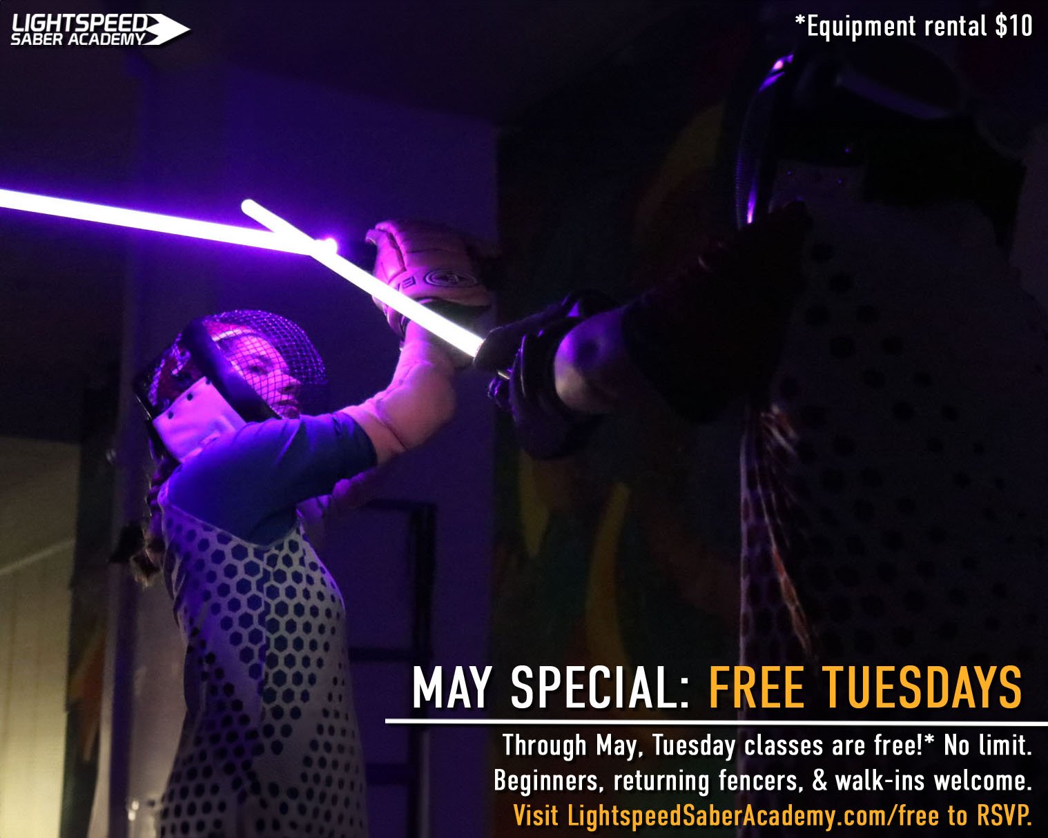 Come try the amazing new sport of Lightspeed Saber fencing! Our latest promotion lets you get in on the action all month long for free, Tuesdays at 7 PM. Get fit, get hit, hit back!
Our classes run for about one hour, with about an hour of optional o