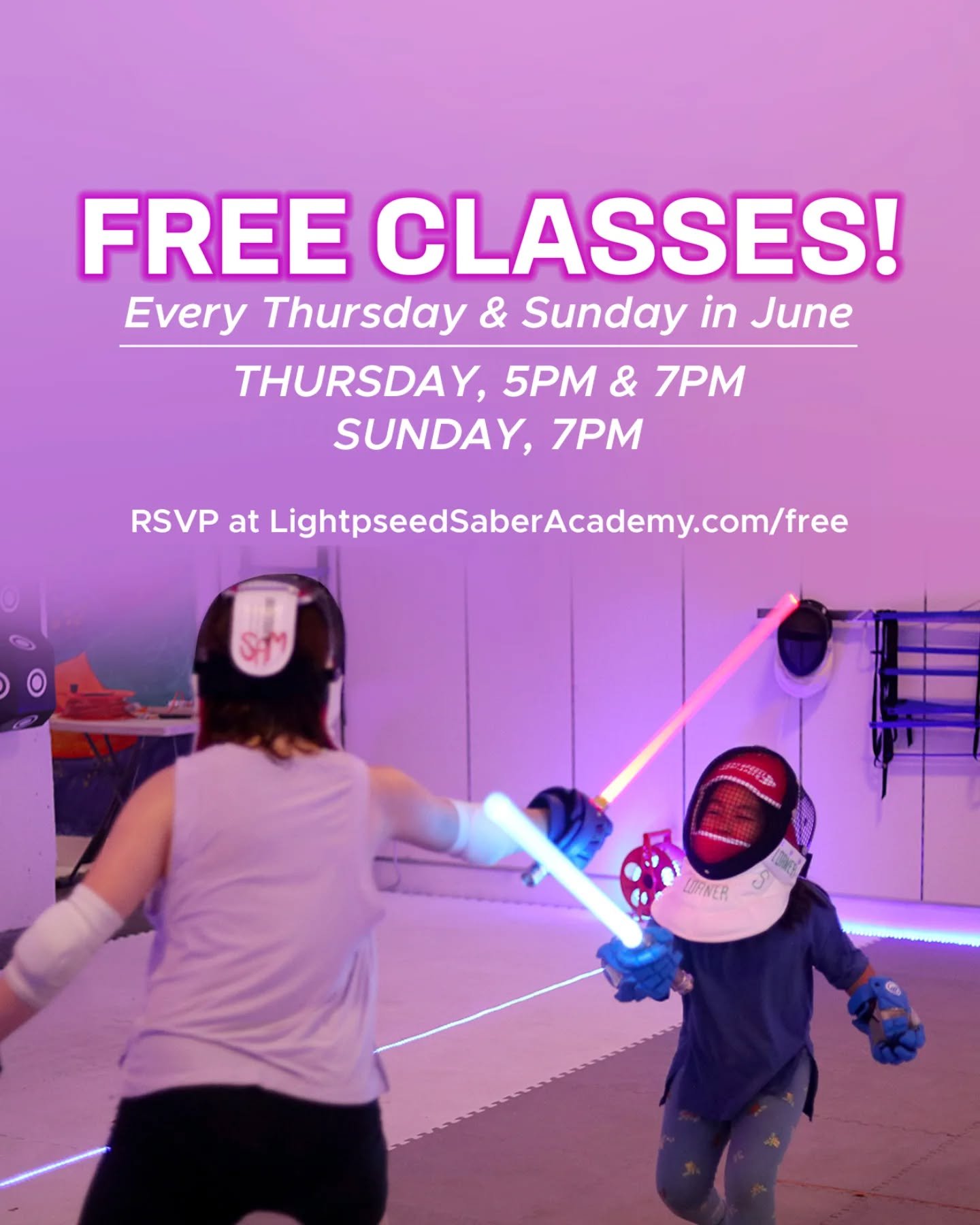 Looking to try Lightspeed? Well you're in luck because we have FREE CLASSES ALL MONTH LONG! This means three oportunities every week &mdash; so ther's no excuses to not stop by. 

This is Lightspeed Saber, the world's fastest light-based fencing, wit