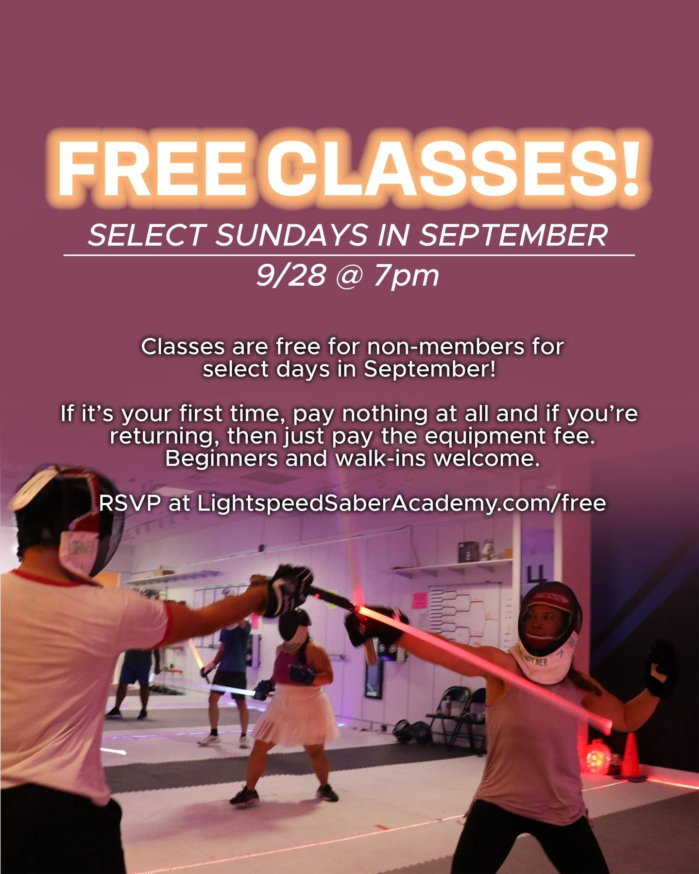 Whether you're new to the sport or a returning non-member, join us for our free classes in September. Select Sundays in September are free to non-members.

This is Lightspeed Saber, the world's fastest light-based fencing, with 10 teams in the USA an