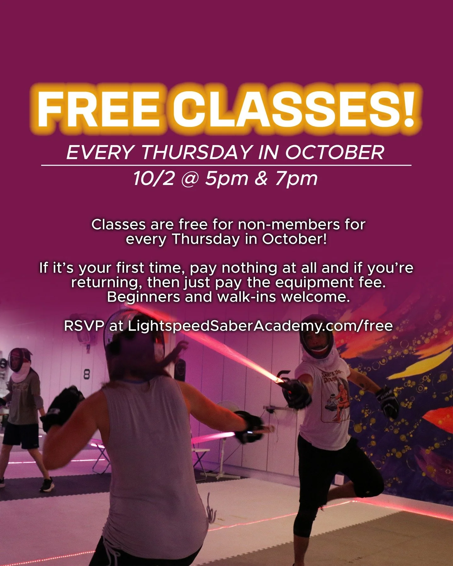 Whether you're new to the sport or a returning non-member, join us for our free classes in October. Every Thursday in October are free to non-members.

This is Lightspeed Saber, the world's fastest light-based fencing, with 10 teams in the USA and se