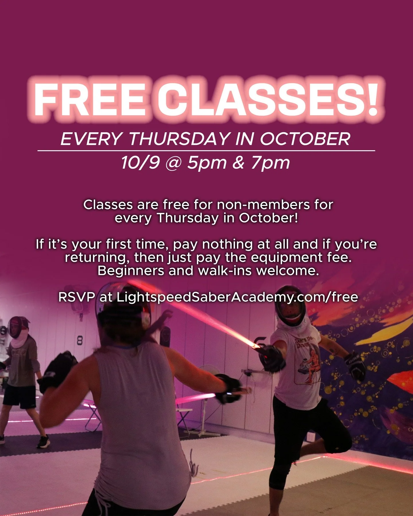 Whether you're new to the sport or a returning non-member, join us for our free classes in October. Every Thursday in October are free to non-members.

This is Lightspeed Saber, the world's fastest light-based fencing, with 10 teams in the USA and se