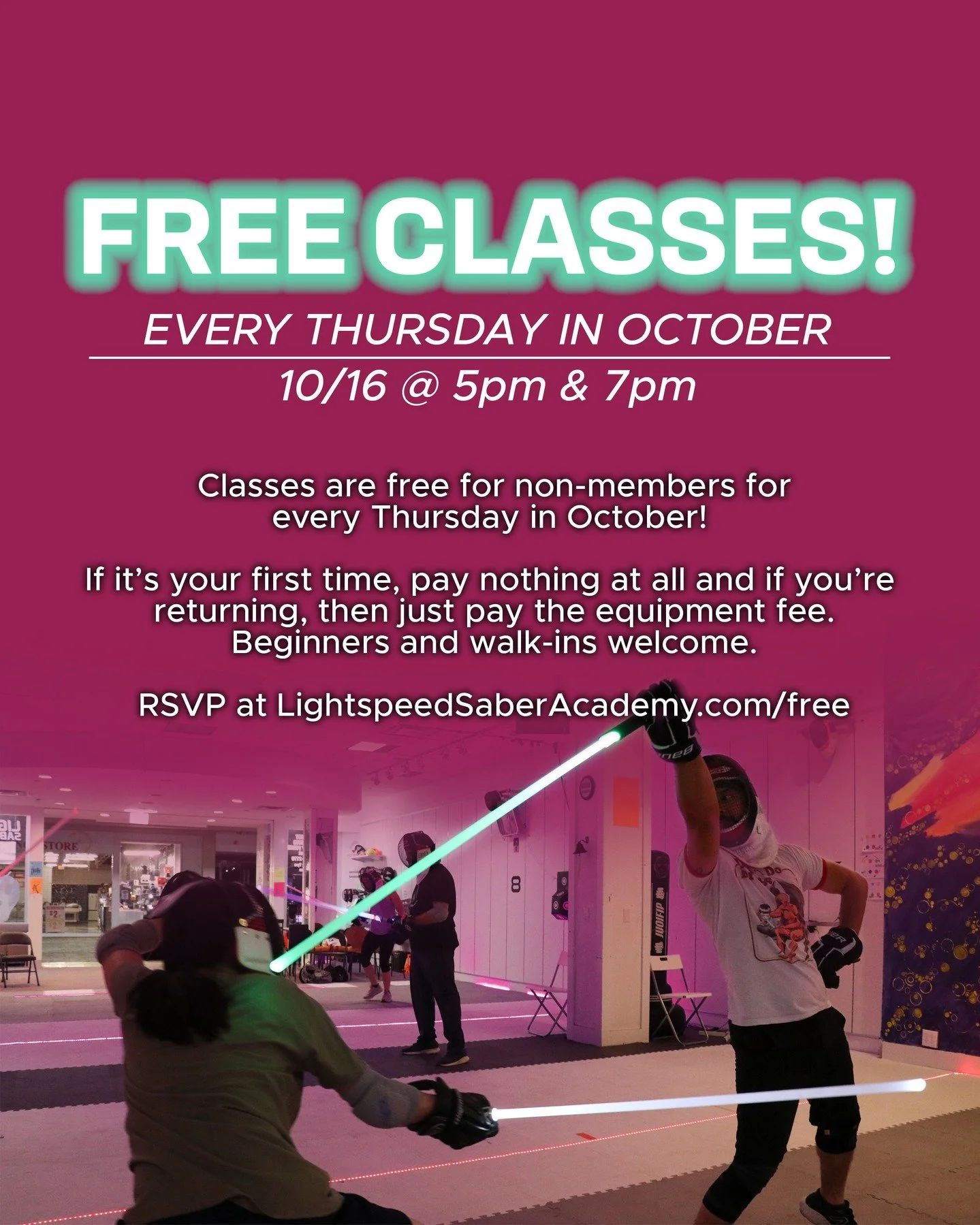 Whether you're new to the sport or a returning non-member, join us for our free classes in October. Every Thursday in October are free to non-members.

This is Lightspeed Saber, the world's fastest light-based fencing, with 10 teams in the USA and se