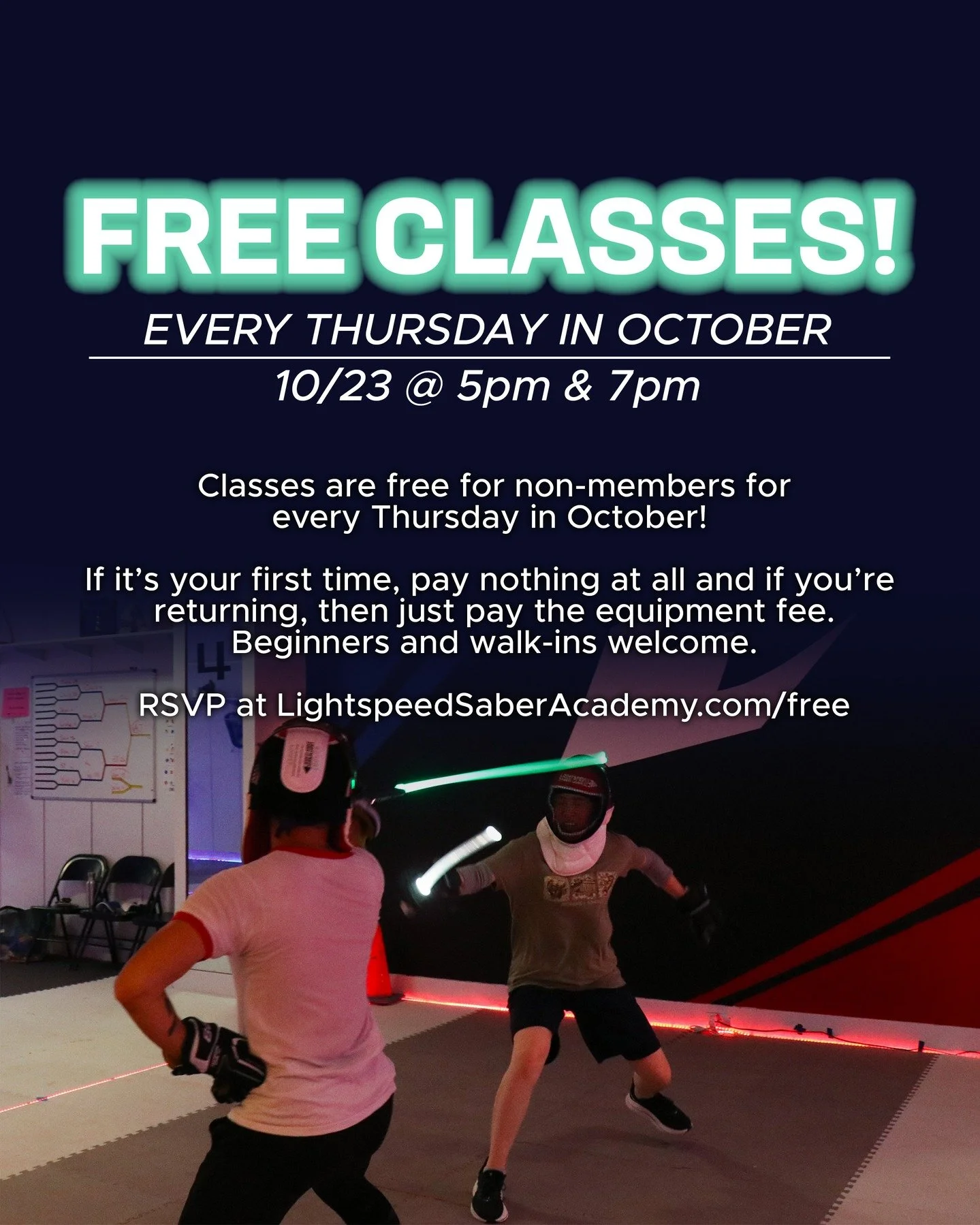 Whether you're new to the sport or a returning non-member, join us for our free classes in October. Every Thursday in October are free to non-members.

This is Lightspeed Saber, the world's fastest light-based fencing, with 10 teams in the USA and se