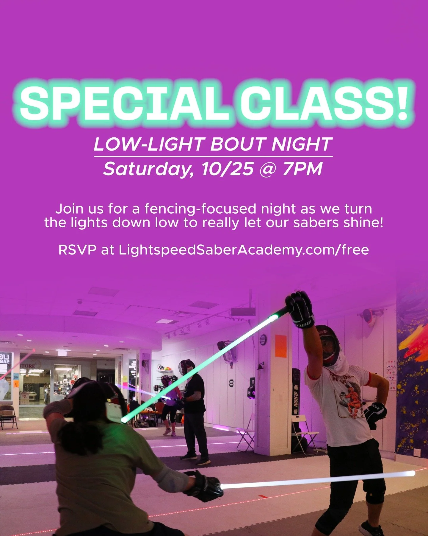 Join us this Saturday at 7PM, for a low-light bout night! This fencing focused night features lower lights at the gym for optimal saber shining!

This is Lightspeed Saber, the world's fastest light-based fencing, with 10 teams in the USA and several 
