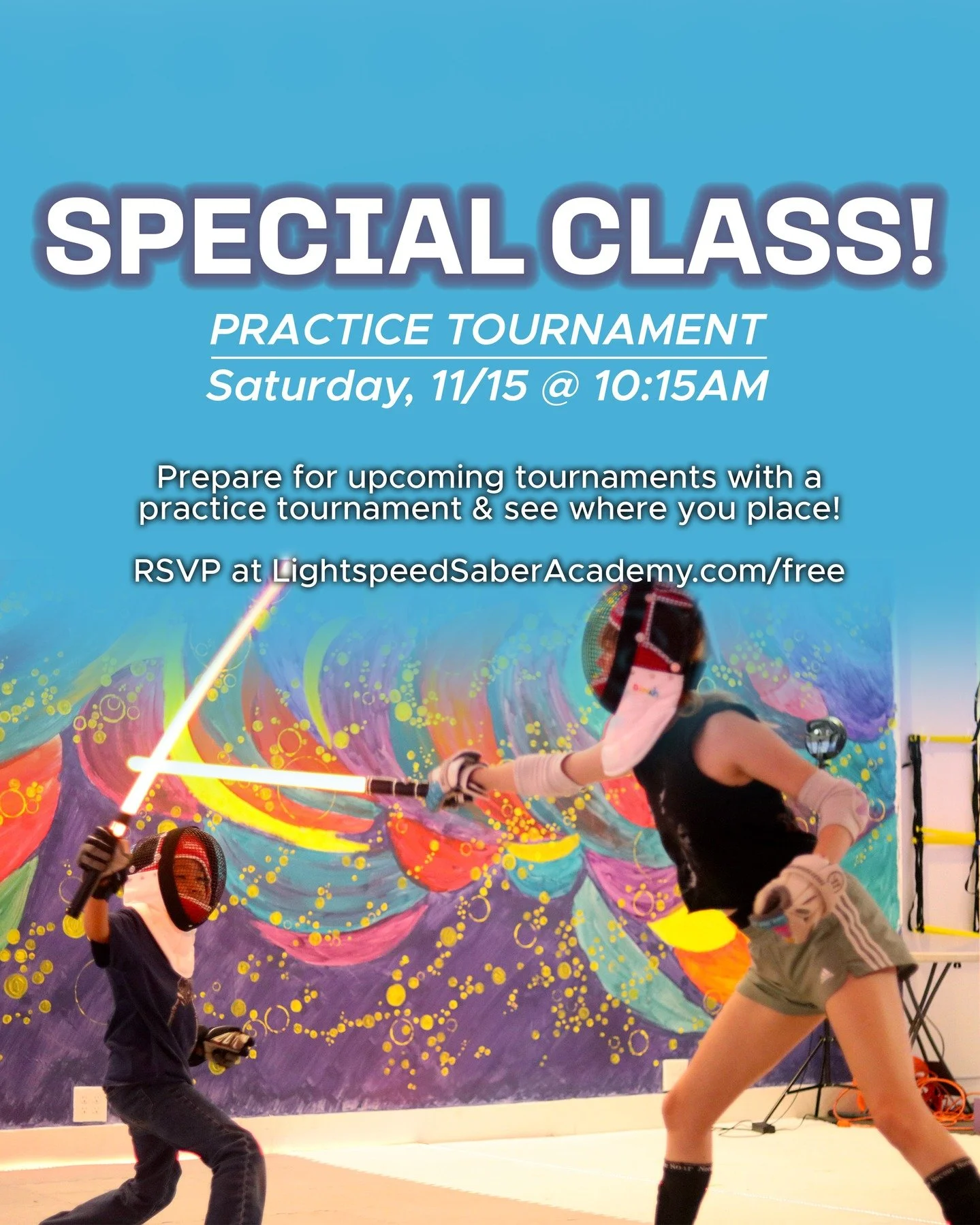 Come join us for a practice tournament! Whether you're new to the sport or a returning veteran, get some experience with our Tournament format and some reffed matches.

This is Lightspeed Saber, the world's fastest light-based fencing, with 10 teams 