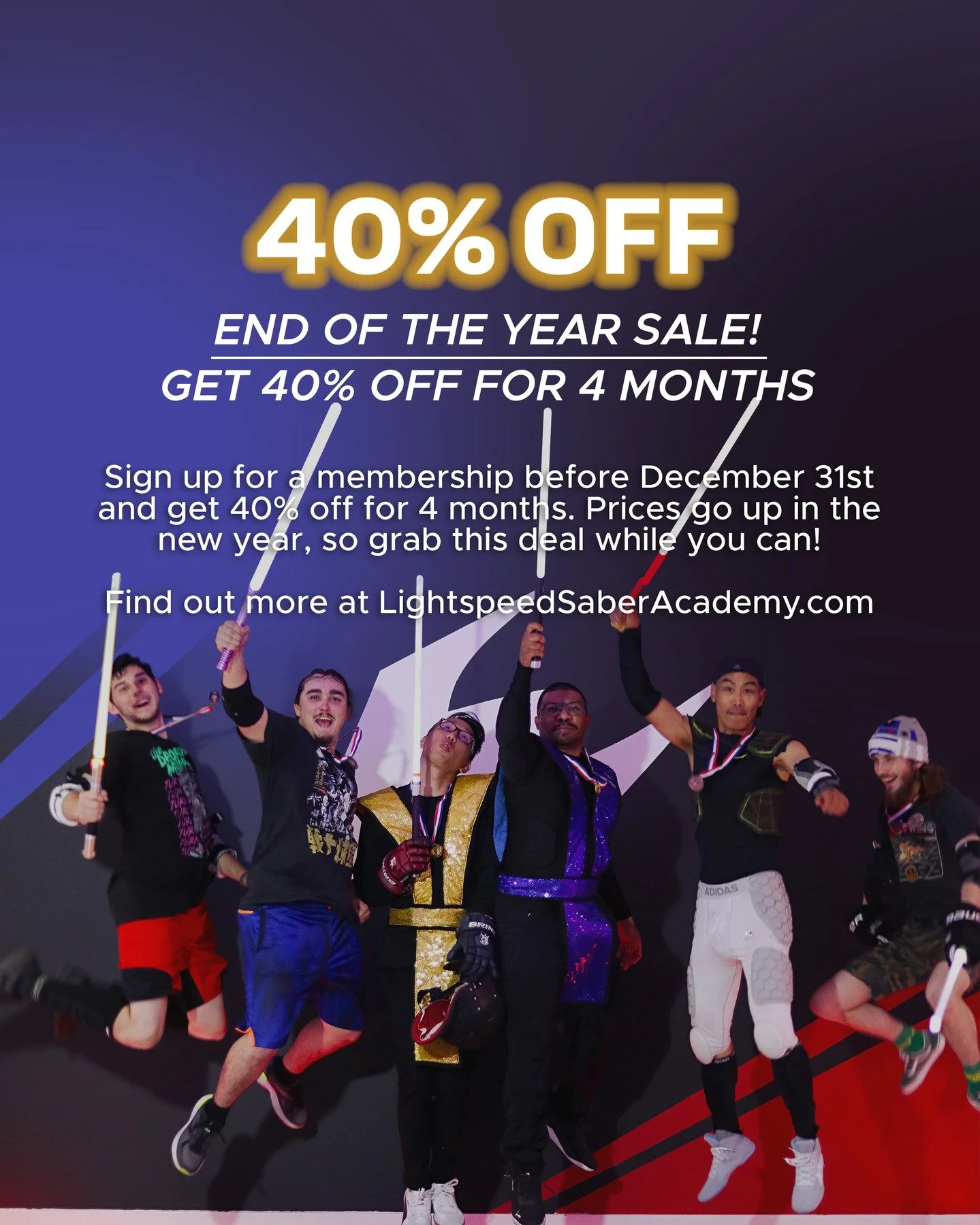 Now until the end of the year, sign up and get a 4 month membership for 40% off!

This is Lightspeed Saber, the world's fastest light-based fencing, with 10 teams in the USA and several international. Classes include technical training, sparring, and