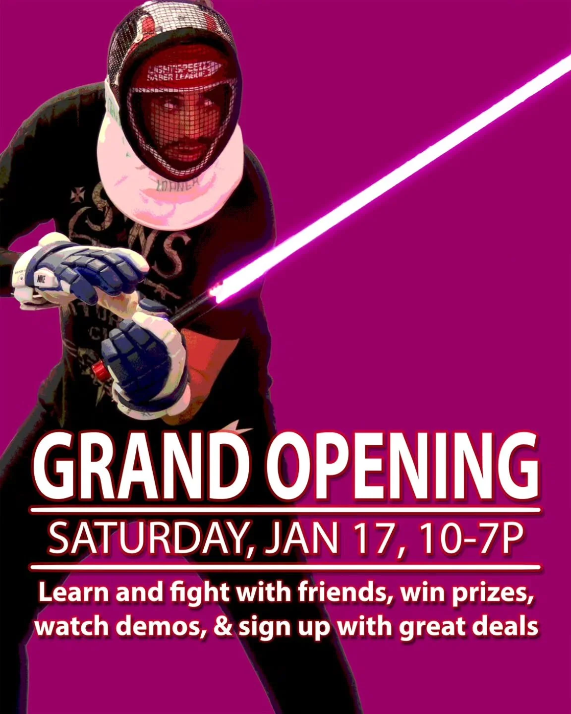 Come to the Buena Park Mall Saturday, January 17 for sparring, free prizes, super signup deals, mini lessons, demos, and LIVE TRYOUTS! Experience a fully equipped and reffed Lightspeed fencing match with a friend. Your own personal coach will guide y