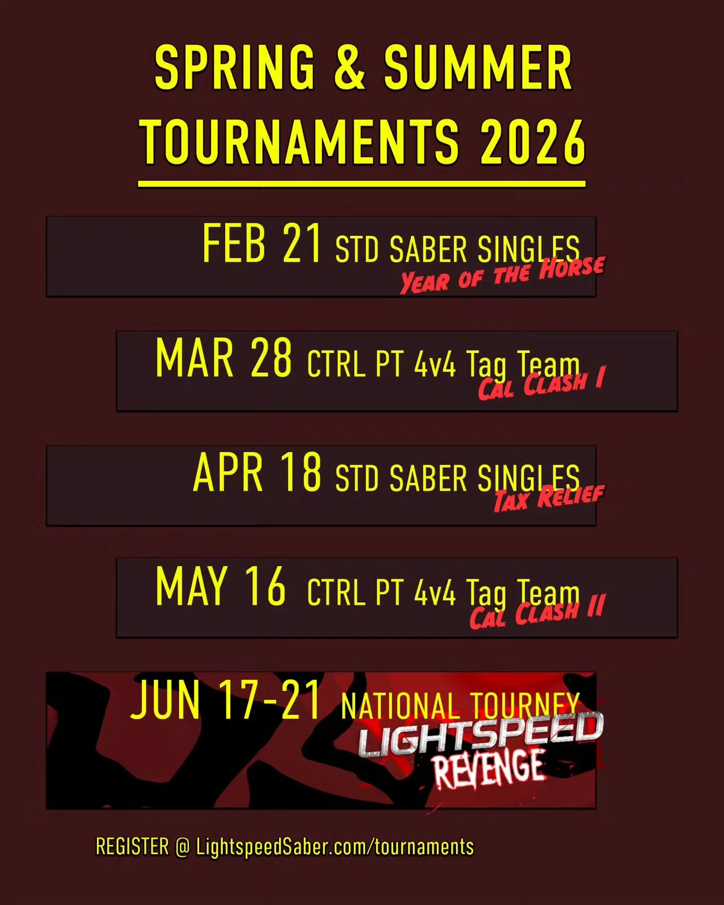Upcoming California #LightspeedSaber #fencing tournaments, plus nationals! #LightspeedSaberRevenge 

We're on a mission to create the world's next great weapon-based spectator sport. Will you be a part of it? Learn more, and find teams and tournies @