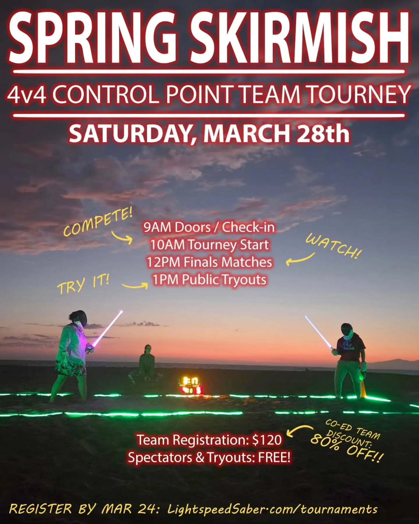 The first standalone Control Point tournament is coming March 28!!! Teams of four, $200-$400 prize pool. Co-ed teams stand to make the most! So pick your wingmates and your city before they are GONE. Register at LightspeedSaber.com/tournaments.

This