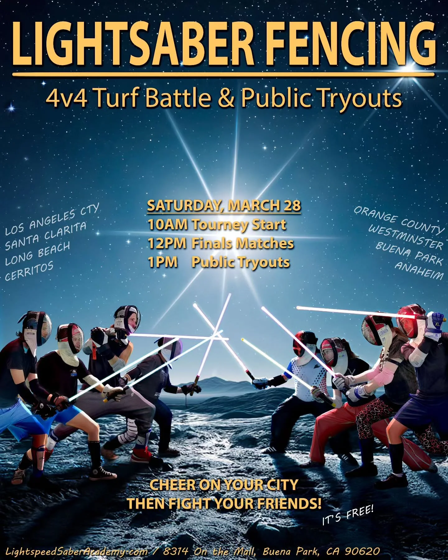This isn't your normal team fencing! This is the most exciting tagteam fighting sport anywhere and we're bringing it to you, So Cal! Nonstop city versus city action. Anaheim, LA, Pico Rivera, Cerritos, and our home city Buena Park fighting for a cash