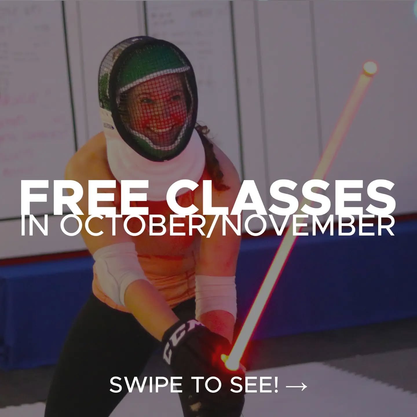 You read that right... every Tuesday for the next 6 weeks is a free class! 

If you don't know us, Lightspeed Saber is a new sport simulating light-based sword combat. There is no choreography involved &mdash; just speed, skill, stamina, and strategy