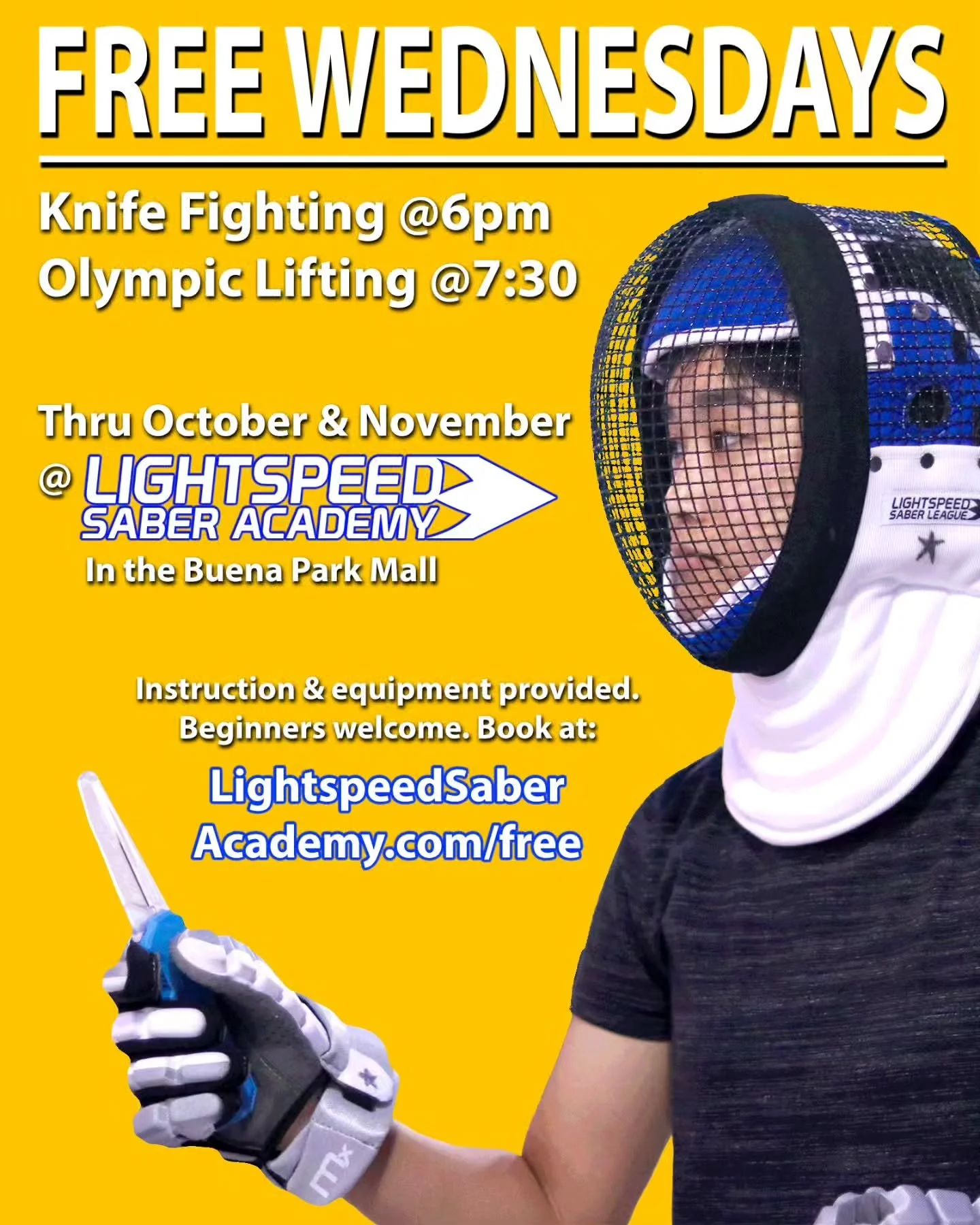 For new customers. Kids 10-12 welcome with permission of the instructor. DM us.

This is Lightspeed Saber Academy, HQ of Lightspeed Saber League, the world's fastest light-based fencing. 

Try your first class on us! DM us "free class" to g