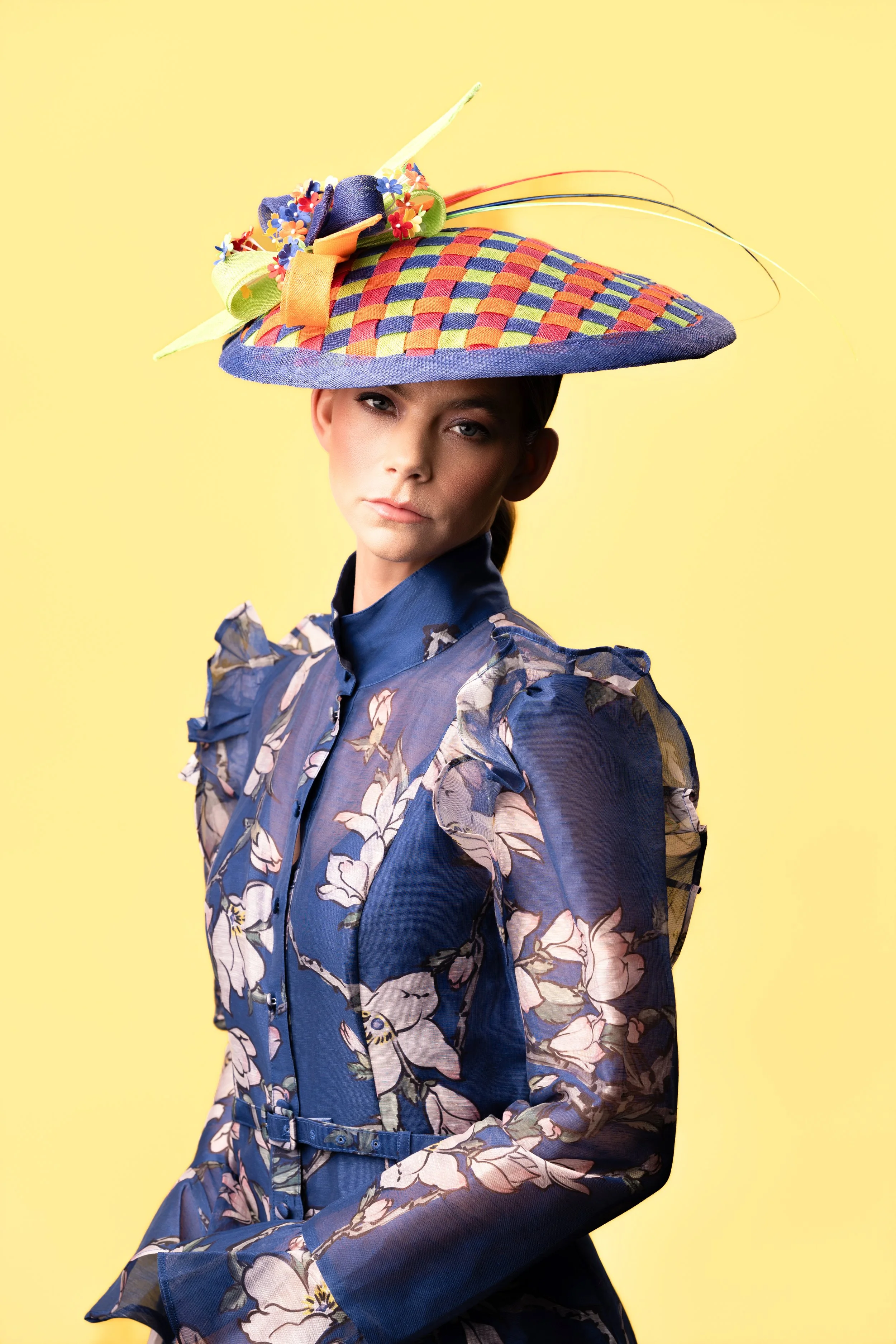 Multi-Colored Handwoven Sinamay Disc Hat with Silk Chrysanthemums