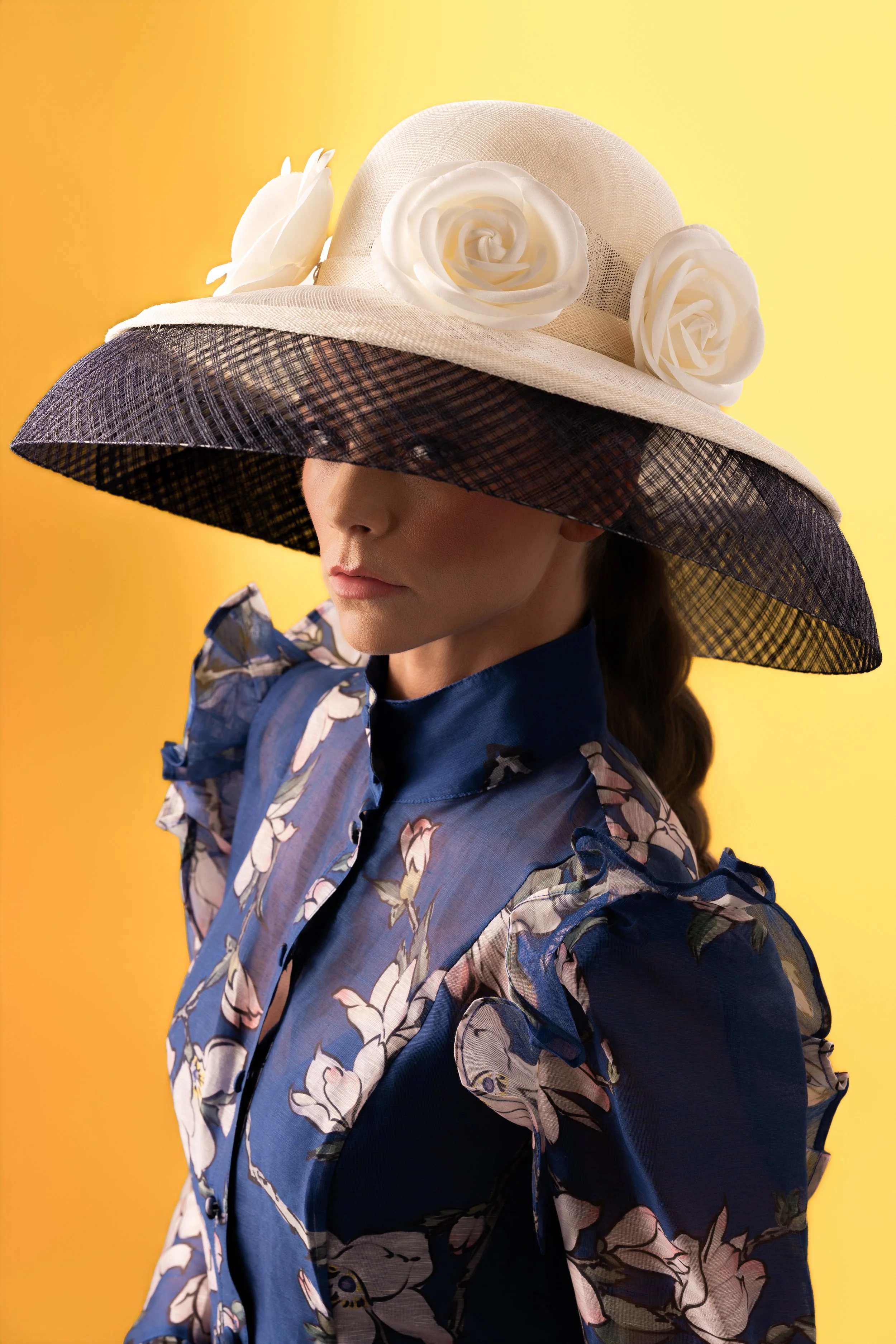 Couture Downturn Brim Hat in Ivory and Navy Sinamay