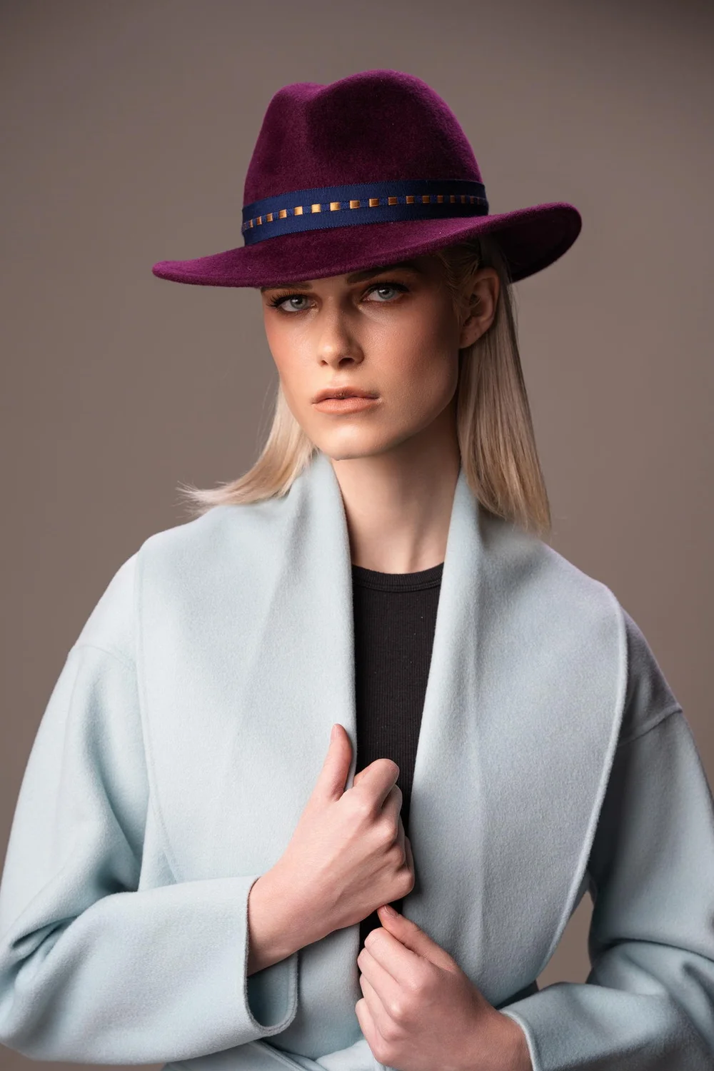 Purple velour fur felt fedora — Karen Morris Millinery display picture 1