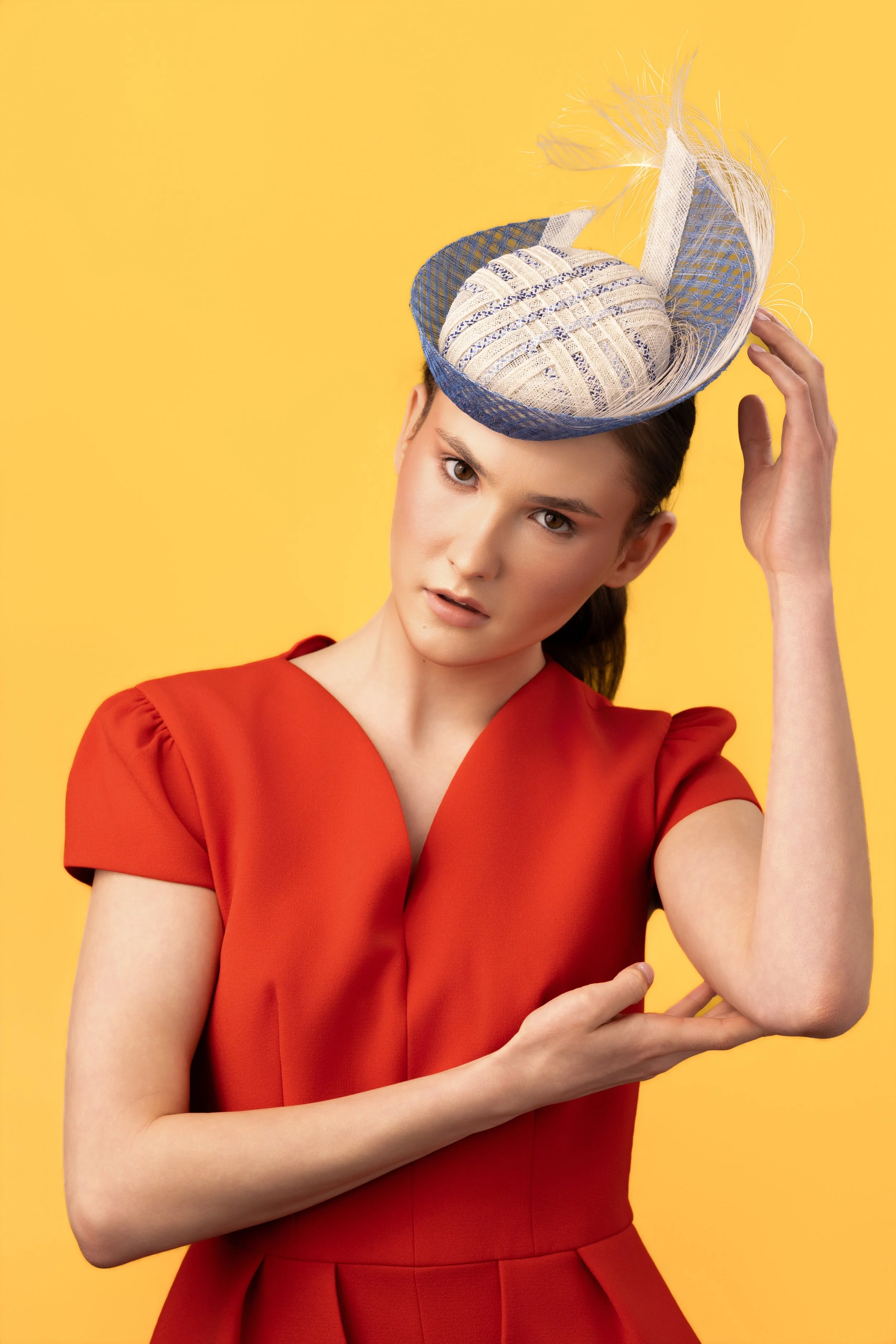 Handwoven Straw braid and Sinamay Headpiece with Burnt Ostrich Feather