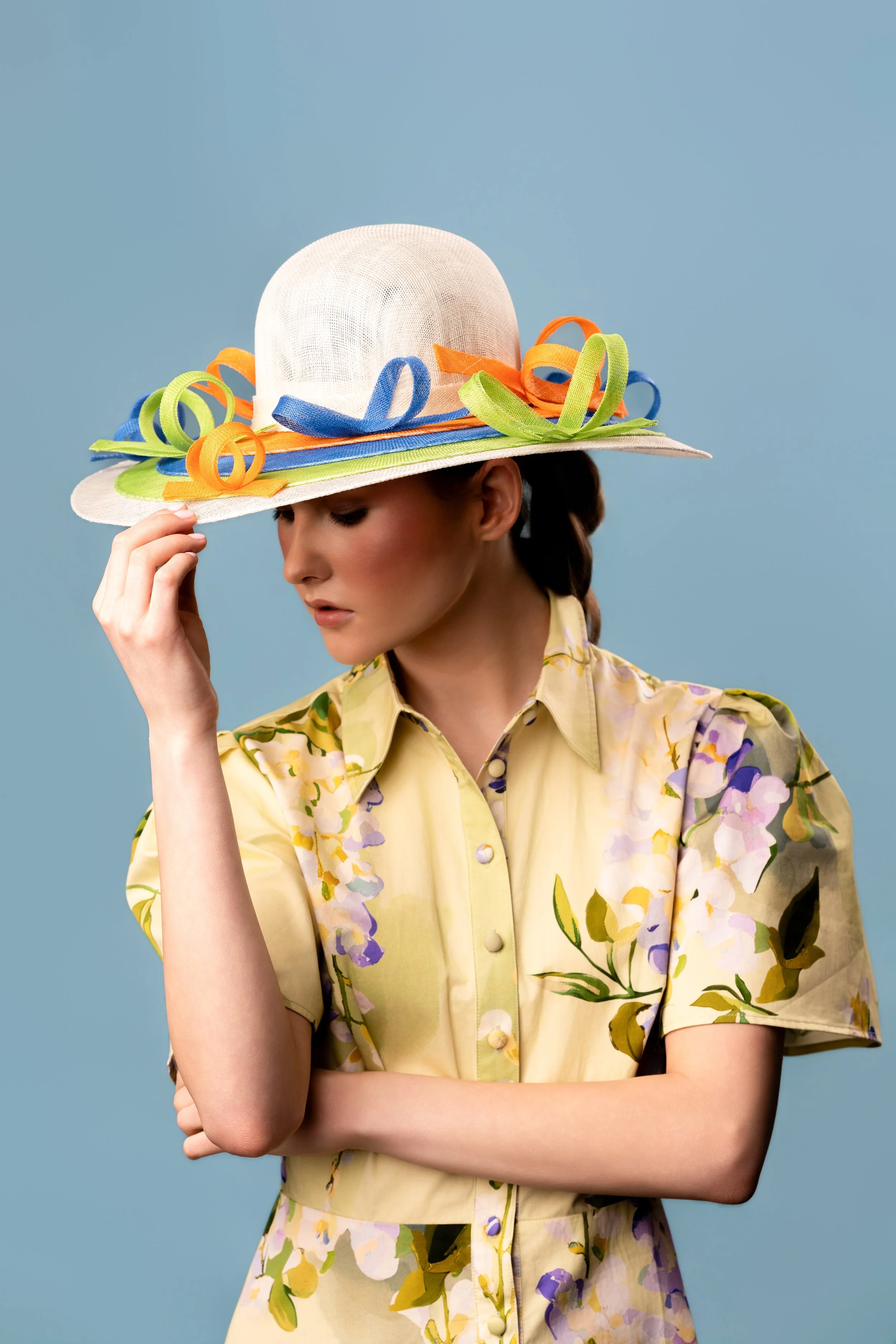 Wide Brim Sinamay Hat with Multi-Colored Bow Detail
