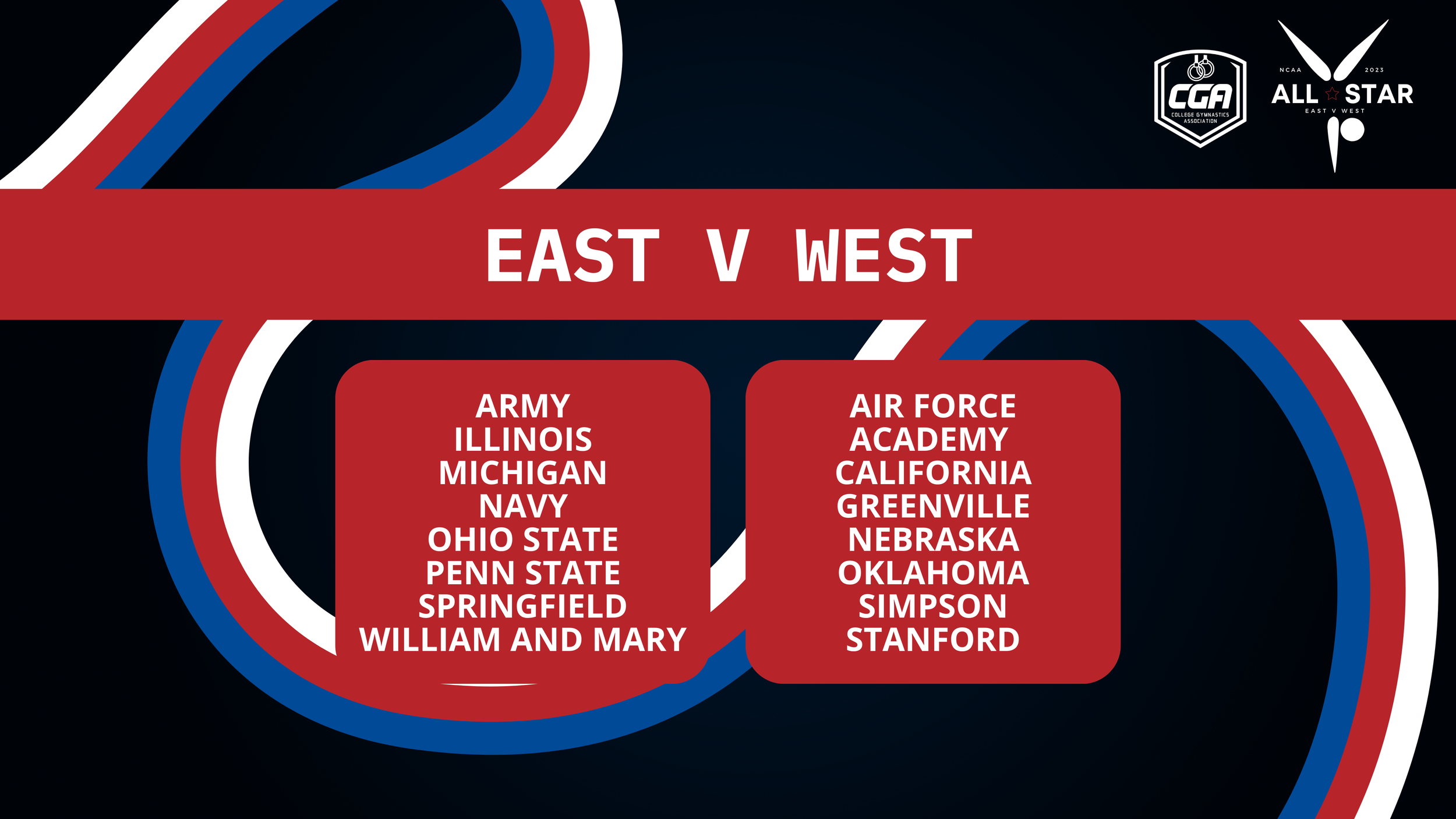 Which teams are competing for the East and West teams for the 2023 CGA All-Stars meet.

The East team features athletes from Army, Illinois, Michigan, Navy, Ohio State, Penn State, Springfield, and William and Mary.

The West team features athletes from the Air Force Academy, California, Greenville, Nebraska, Oklahoma, Simpson, and Stanford.