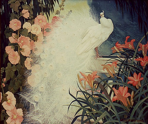 White Peacock &amp; Hollyhocks