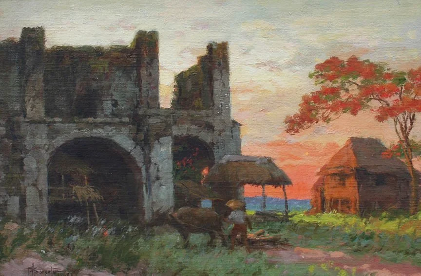 Man with Caribao by Ruins