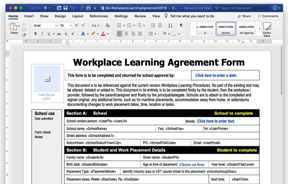 Structured Workplace Learning Form.pdf New S.A. Agreement Template — Pathways