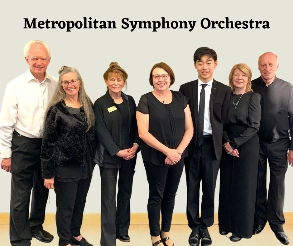 LtoR Conductor Bruce Herriman, Andrea Brittan, City of Stirling Councillor Stephanie Proud JP, MetSO President Lynette Swarbrick, MetSO Young Artist 2021 Kaining Wang, Eva Gabriels, Norbert Gabriels.