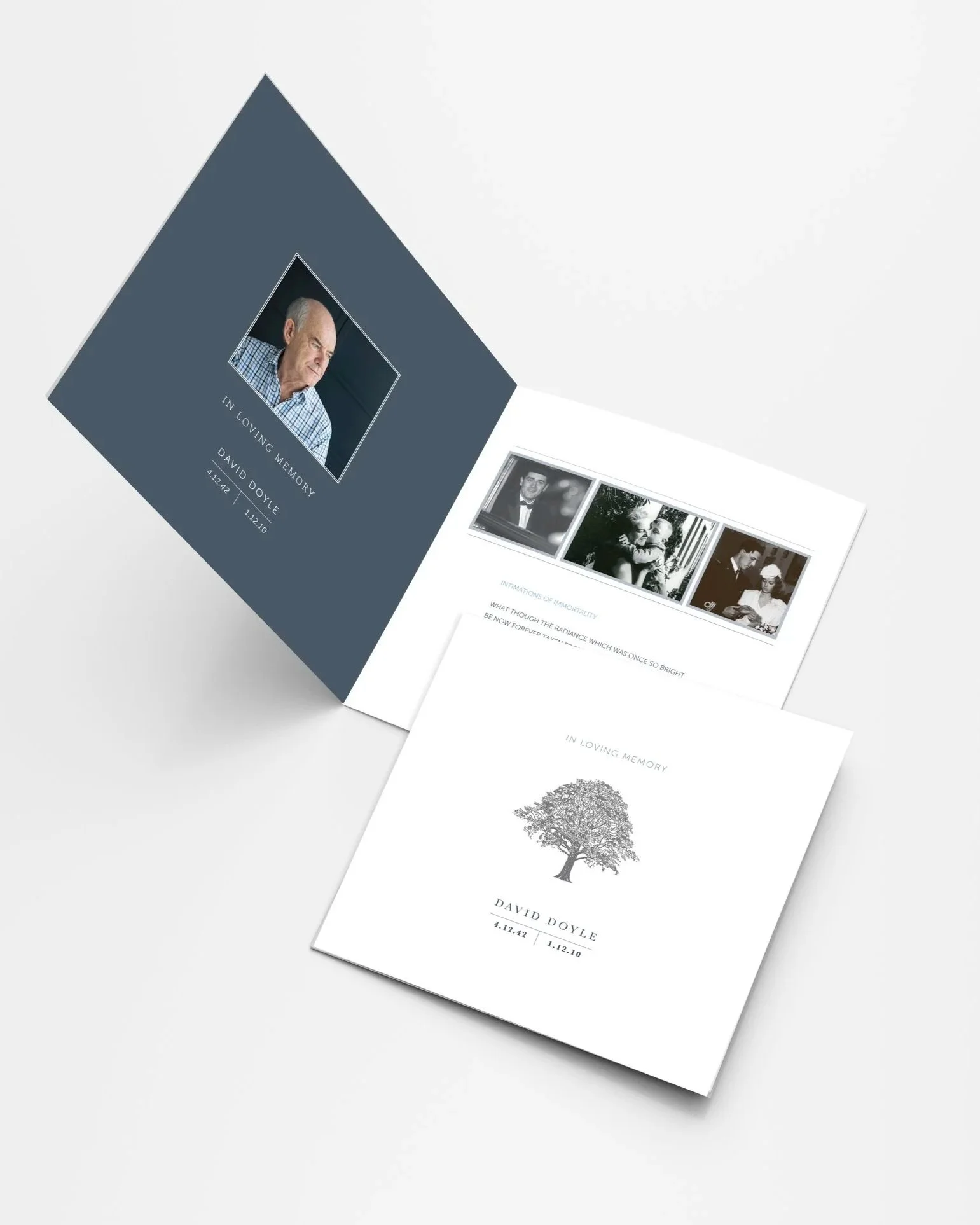 Open memorial card featuring a photo of an elderly man, with black-and-white photos and a tree graphic on the inside and cover, dedicated to David Doyle with dates 4.12.12 and 1.12.10, and the message 'In Loving Memory'.