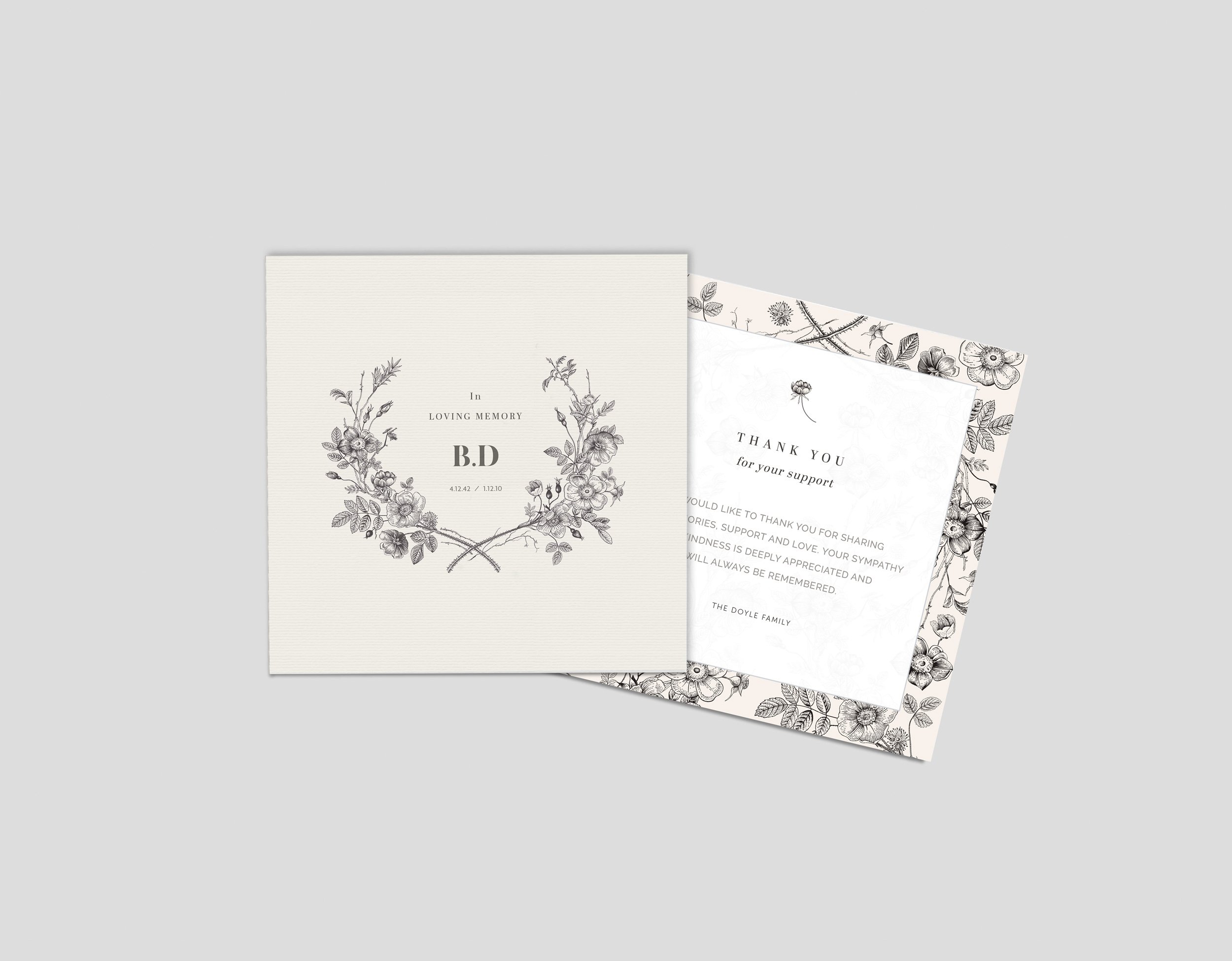 Matching Set of Memorial Card and Thank You card with vintage decorative wreath and border on cream background