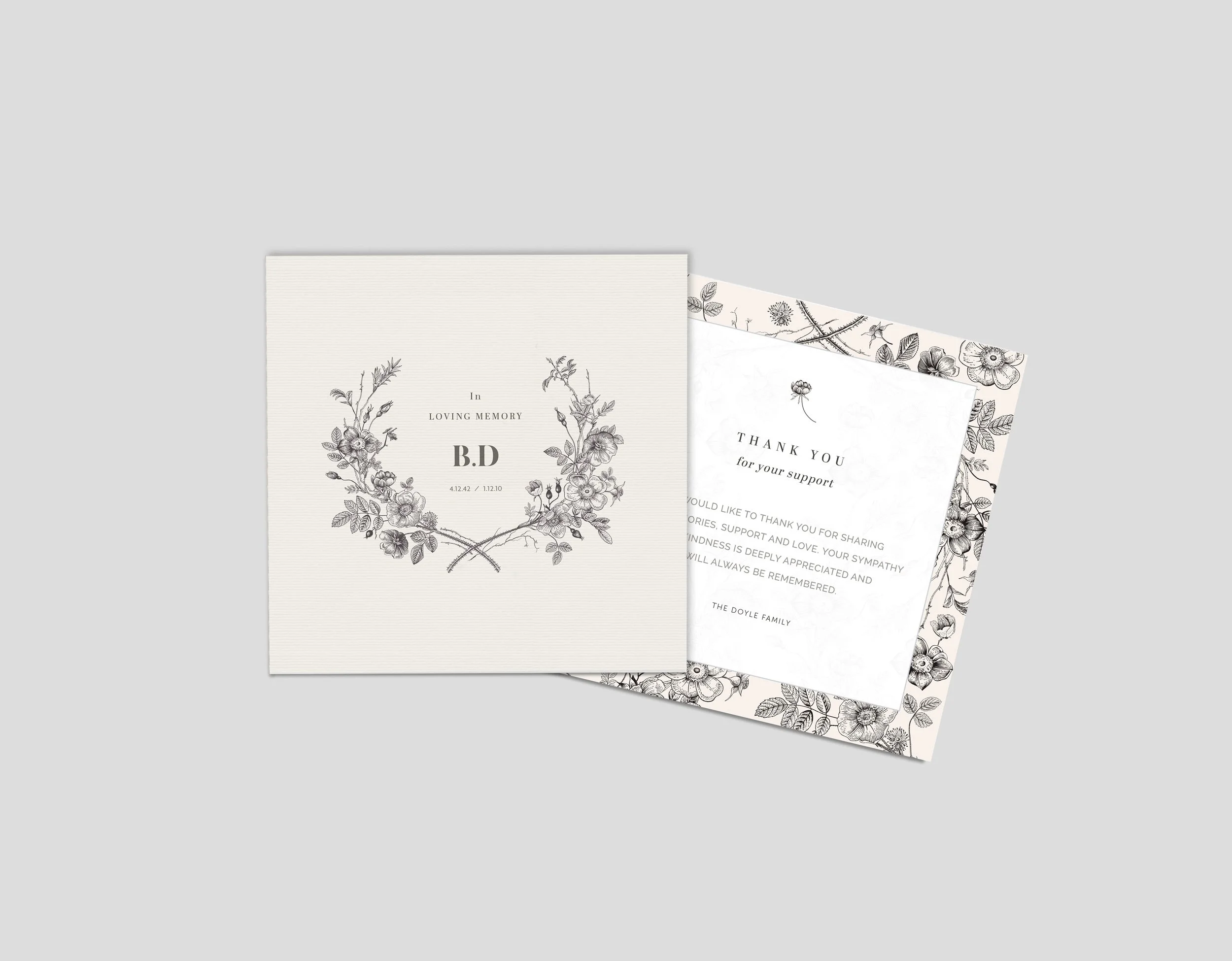 Matching Set of Memorial Card and Thank You card with vintage decorative wreath and border on cream background