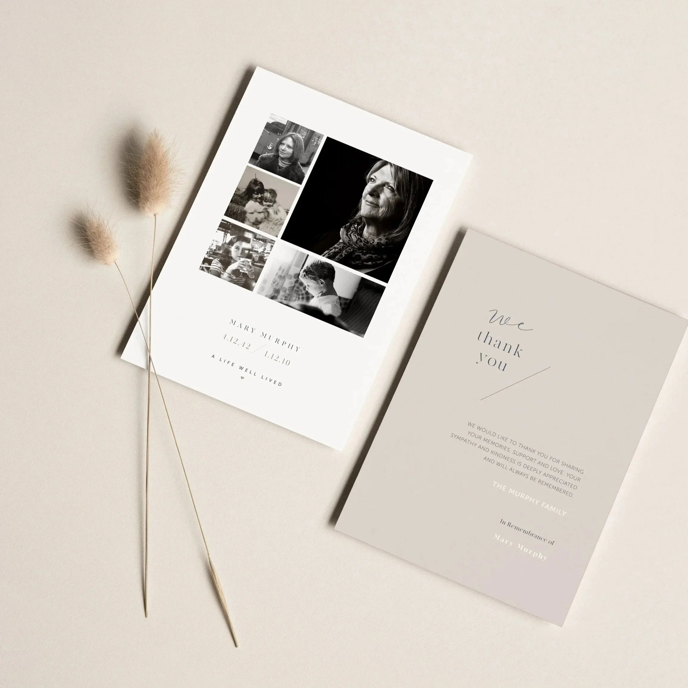 Funeral memorial cards and a thank you note with dried flowers on a beige background.