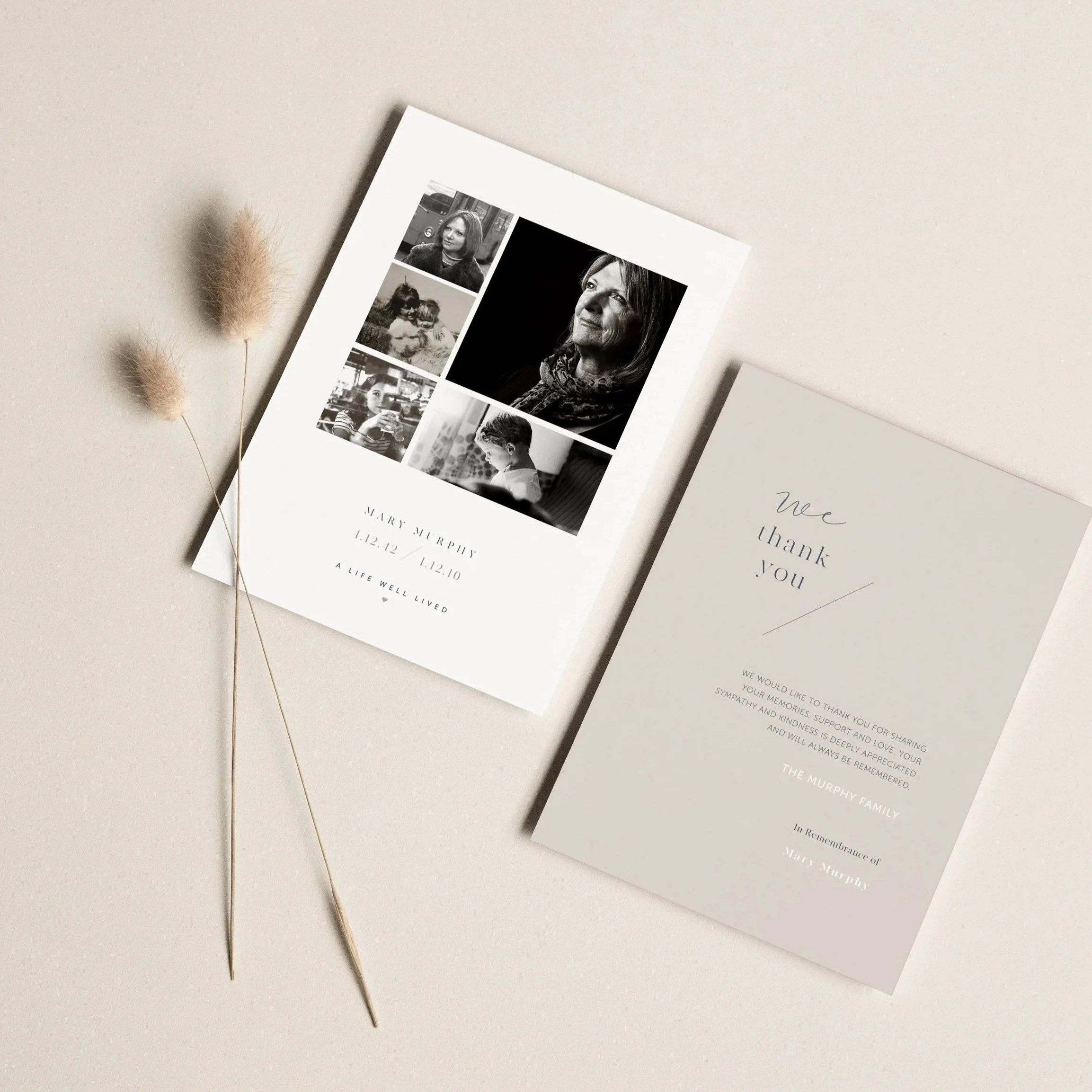Memorial cards for Mary Murphy, with a collage of black and white photos of her and a thank you note from the Murphy family, placed on a light-colored surface with two dried floral stems nearby.