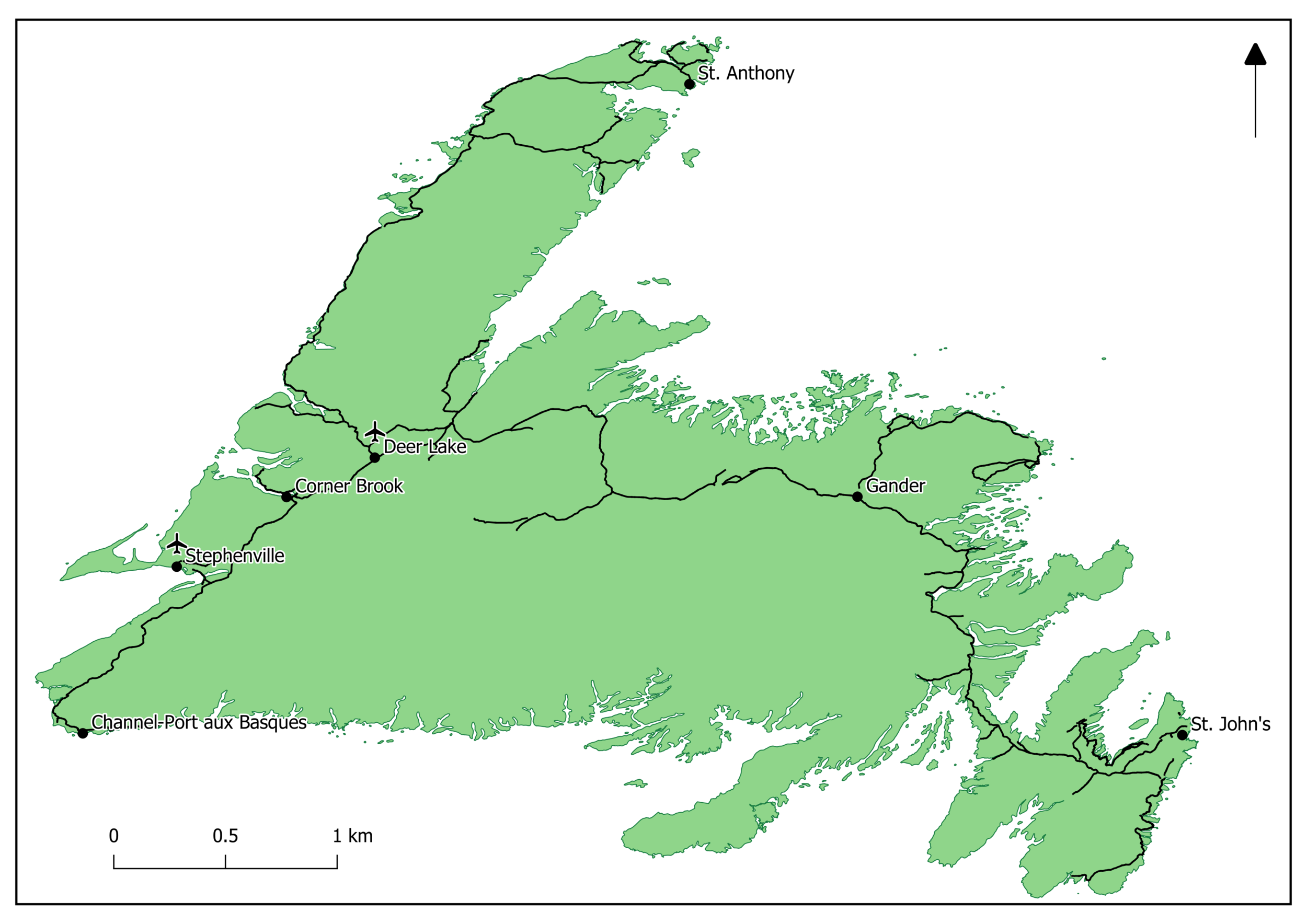 Locations of Western Newfoundland Airports and selected communities