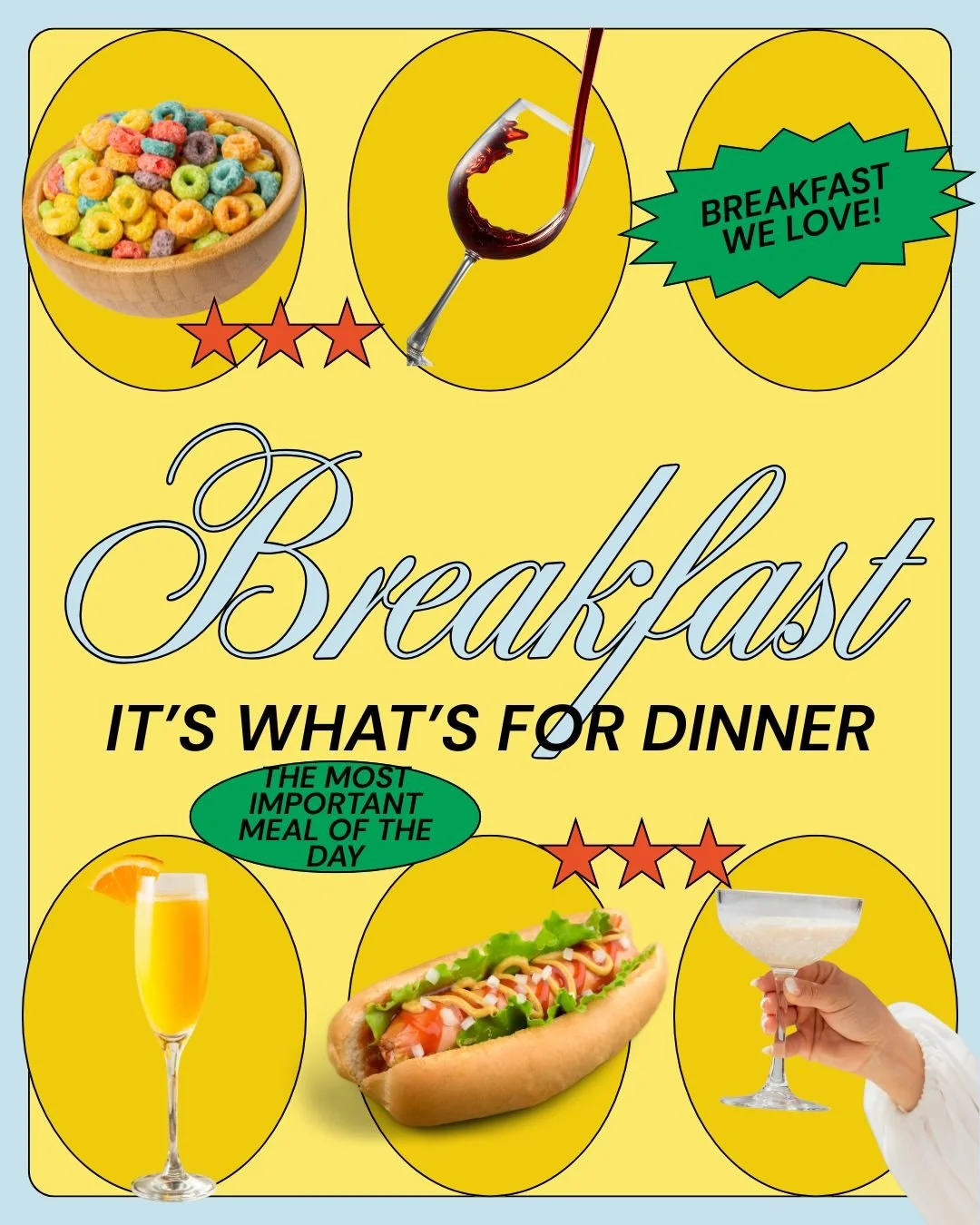 Because putting on real clothes after 5pm is simply too much to ask.

Come as you are (cute PJs encouraged) and enjoy the novelty of breakfast&hellip; for dinner, Brinner for the real ones.
 
Mimosas are basically vitamin C.
Bloody Marys are essentia