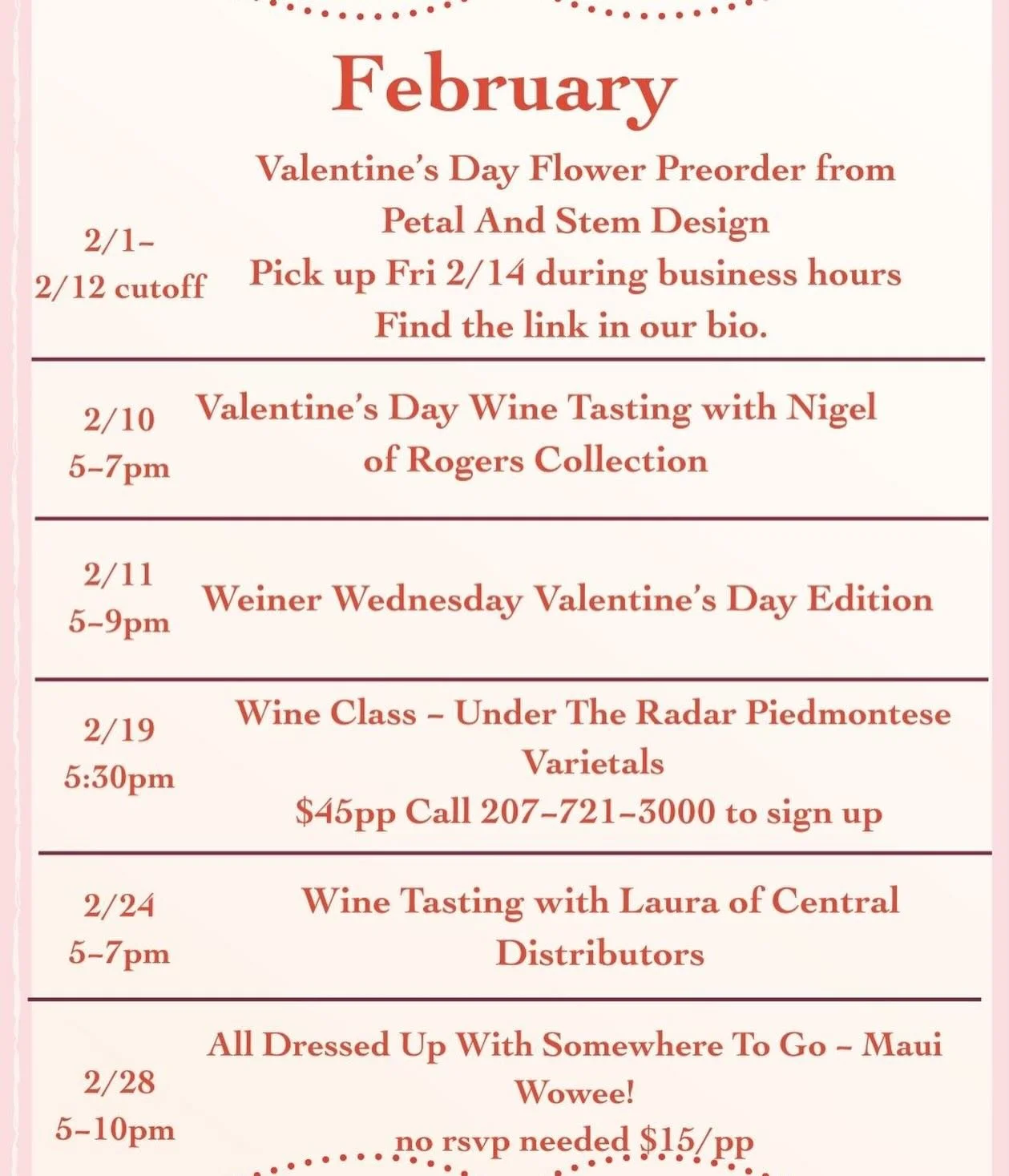 FEB EVENTS ARE POSTED! We have some great events for y&rsquo;all: Wine classes to stimulate your brain and palate (always be learning!) Wine tastings (free and fun) Wiener Wednesday Valentines edition? (What&rsquo;s more romantic than hot dogs?) and 