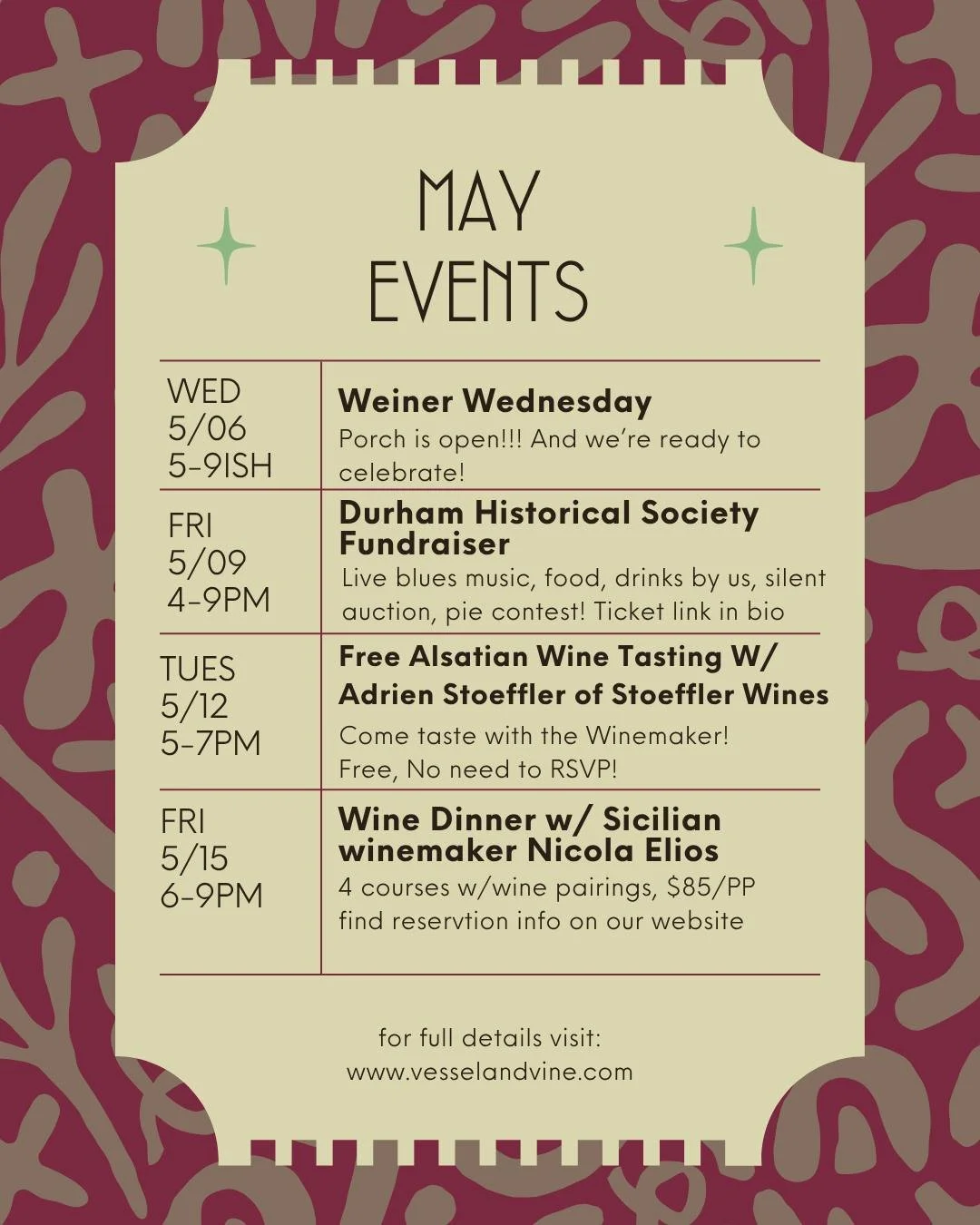 Welp, somehow May is jam packed full of events!  Take a look, and save the dates! Spring is here baby....