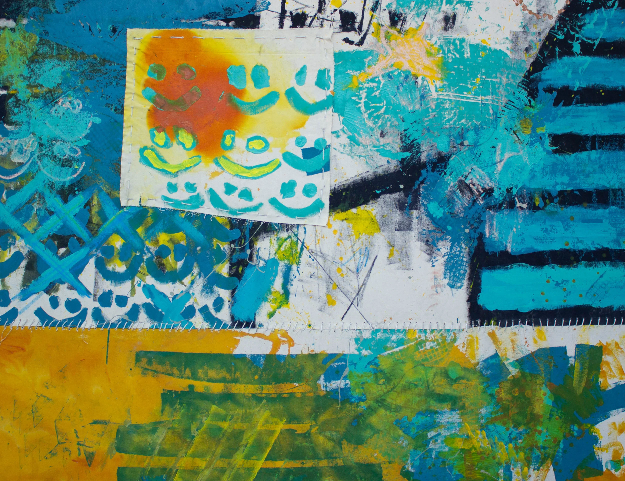 “UNTITLED STITCHES (SMILEY)” / 2018 ACRYLICS, INTERIOR PAINT, OILSTICK AND POLYESTER THREAD ON CANVAS 180 X 141,5 CM SOLD