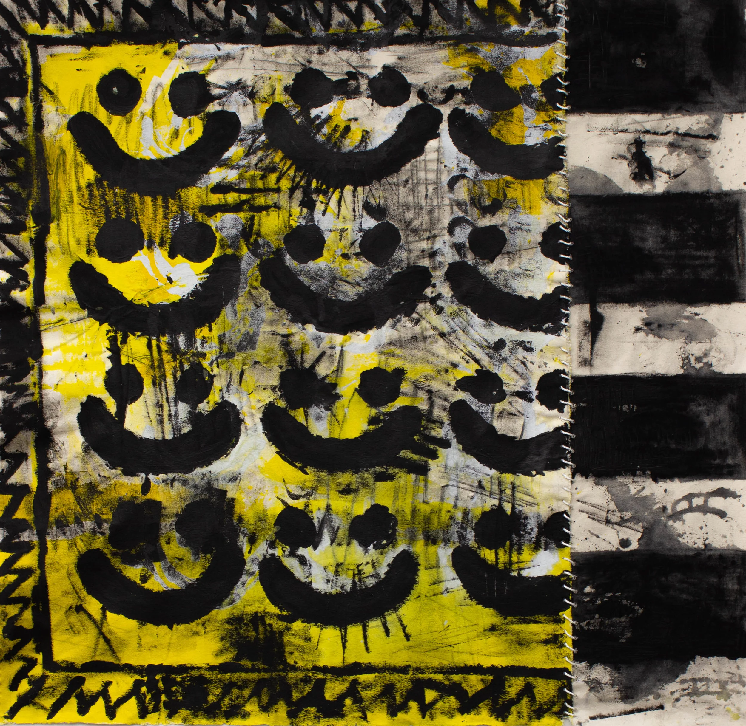 “UNTITLED (ROYALTY)” / 2018 ACRYLICS, INTERIOR PAINT, COAL, CLEAR GLOSS RESIN AND POLYESTER THREAD ON CANVAS 117 X 117 CM 14 000 NOK