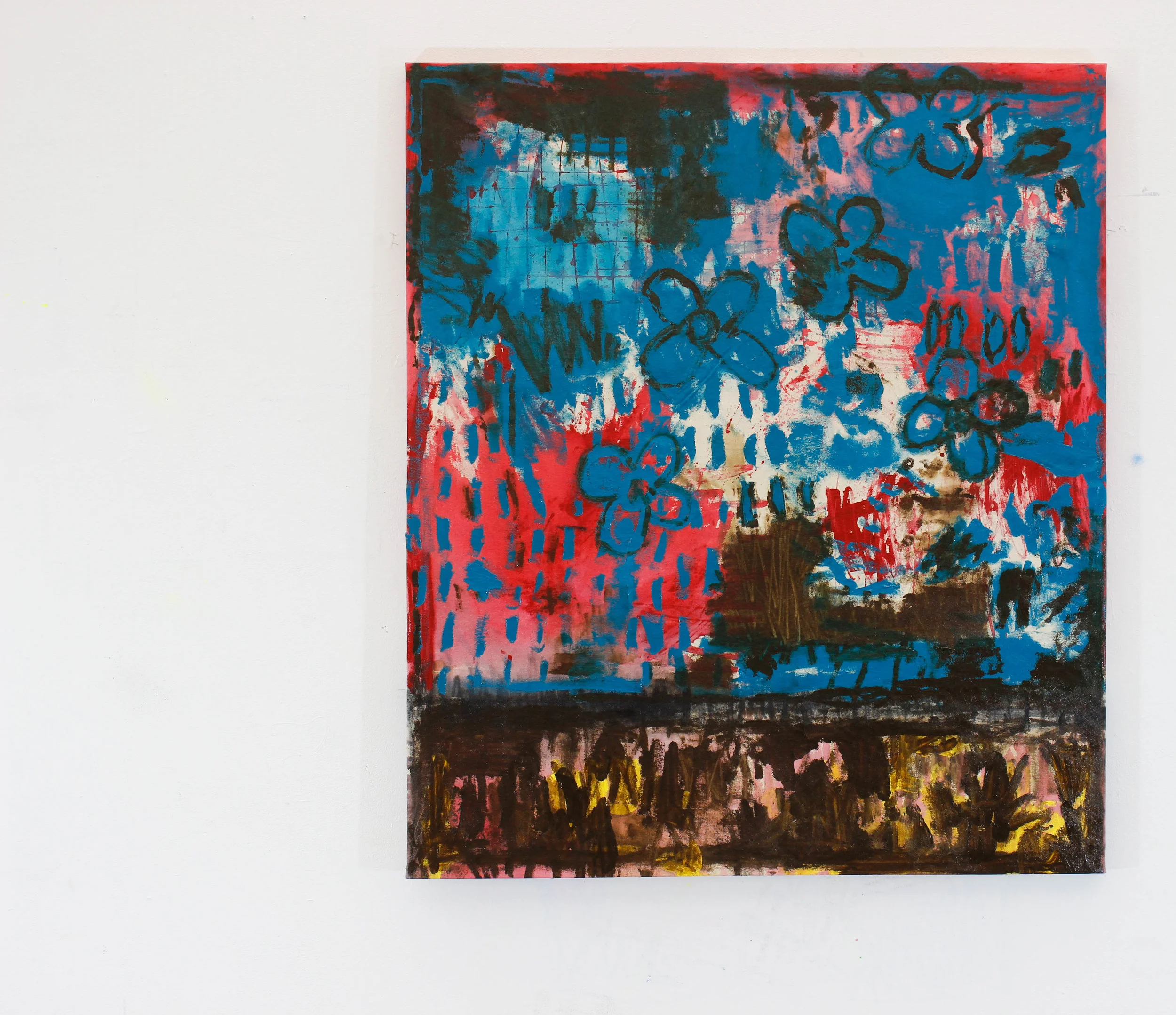 “UNTITLED (DECONSTRUCTED GARDENS)” / 2019 ACRYLICS, INTERIOR PAINT, COAL AND CLEAR GLOSS RESIN ON CANVAS 132 X 115 CM 15 000 NOK